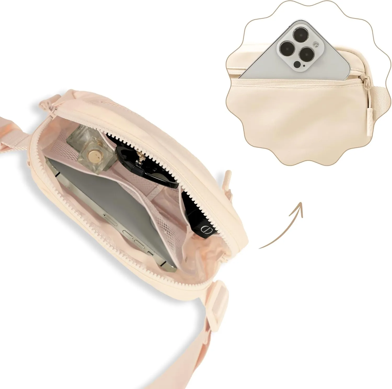 FORZAROCKET Essential Belt Bag w/Long Strap 70" & Front Zip Pocket  Crossbody Bag w/Extended Strap  Fanny Pack for Women Men  Two-Way Zipper Sling Bag  Travel & Plus Size Friendly, Beige