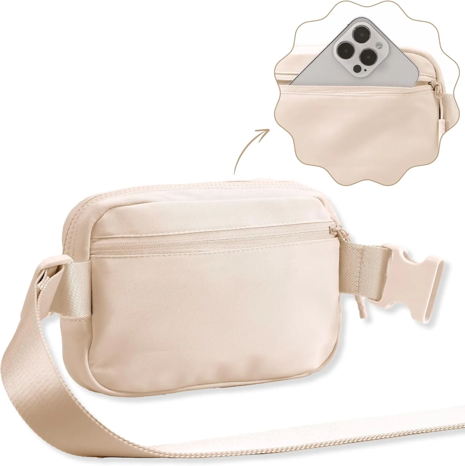 FORZAROCKET Essential Belt Bag w/Long Strap 70" & Front Zip Pocket  Crossbody Bag w/Extended Strap  Fanny Pack for Women Men  Two-Way Zipper Sling Bag  Travel & Plus Size Friendly, Beige