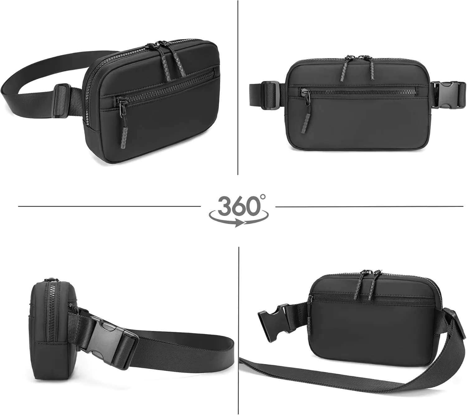 FORZAROCKET Essential Belt Bag w/Long Strap 70" & Front Zip Pocket  Crossbody Bag w/Extended Strap  Fanny Pack for Women Men  Two-Way Zipper Sling Bag  Travel & Plus Size Friendly, Black