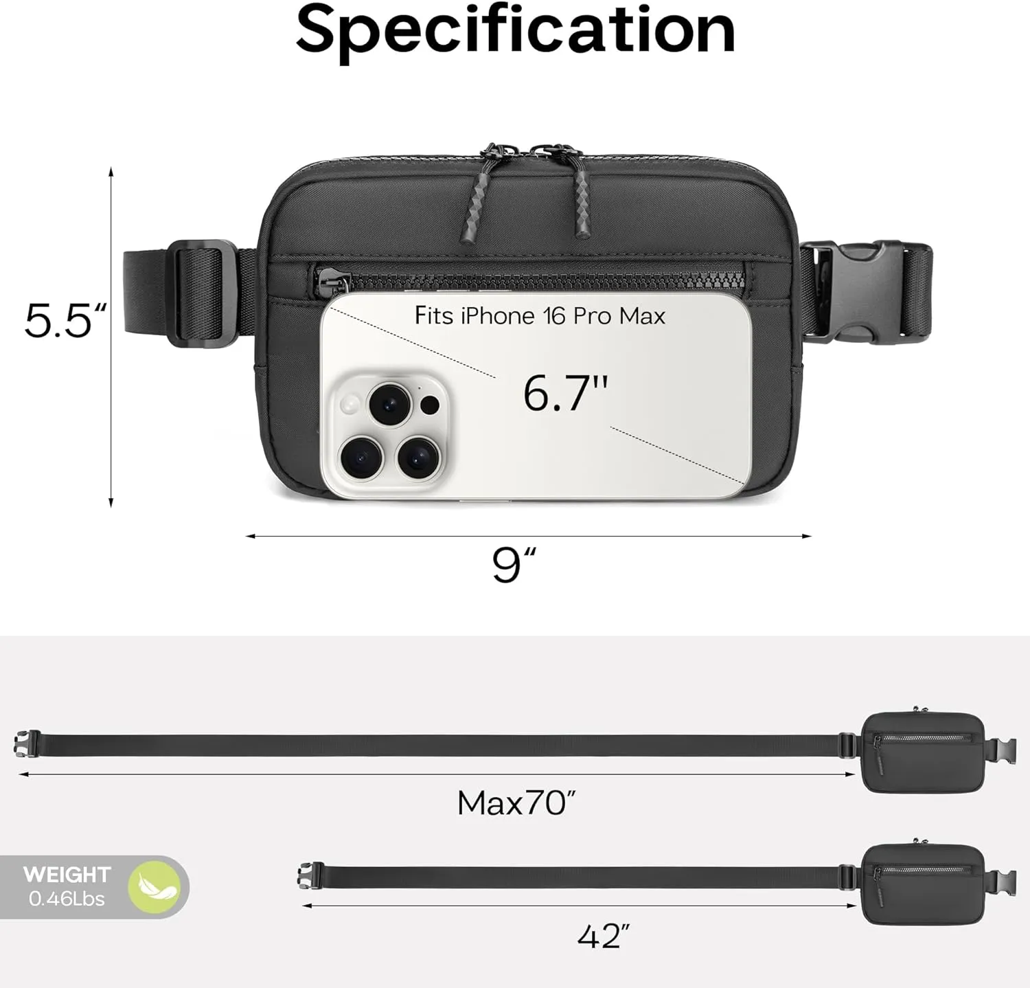 FORZAROCKET Essential Belt Bag w/Long Strap 70" & Front Zip Pocket  Crossbody Bag w/Extended Strap  Fanny Pack for Women Men  Two-Way Zipper Sling Bag  Travel & Plus Size Friendly, Black