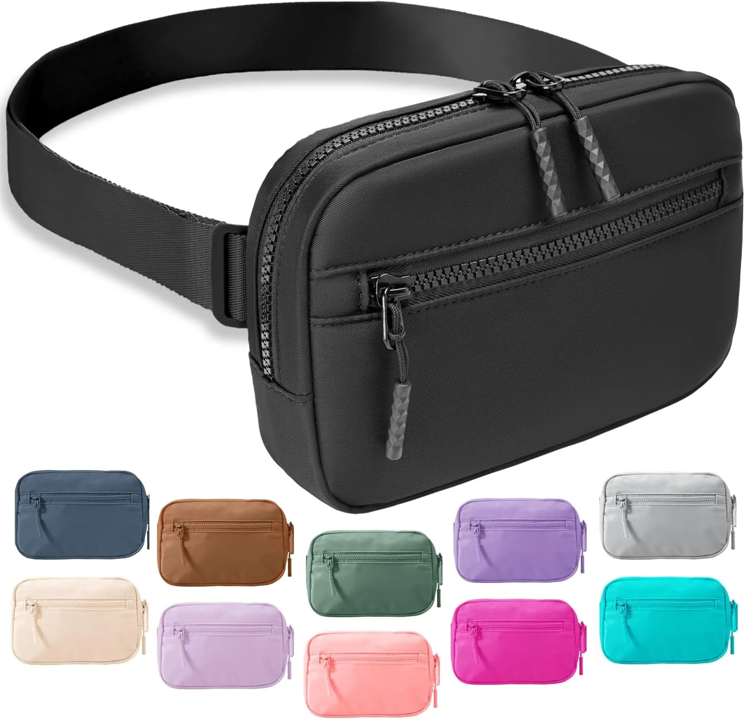 FORZAROCKET Essential Belt Bag w/Long Strap 70" & Front Zip Pocket  Crossbody Bag w/Extended Strap  Fanny Pack for Women Men  Two-Way Zipper Sling Bag  Travel & Plus Size Friendly, Black