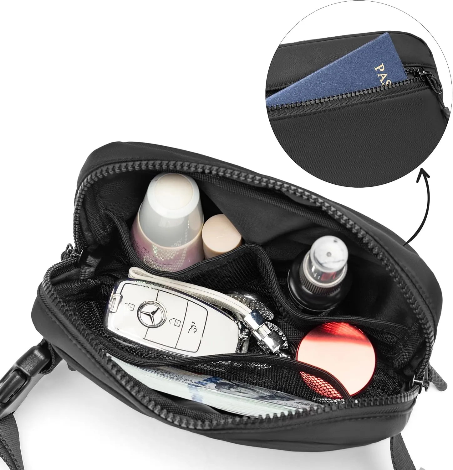 FORZAROCKET Essential Belt Bag w/Long Strap 70" & Front Zip Pocket  Crossbody Bag w/Extended Strap  Fanny Pack for Women Men  Two-Way Zipper Sling Bag  Travel & Plus Size Friendly, Black