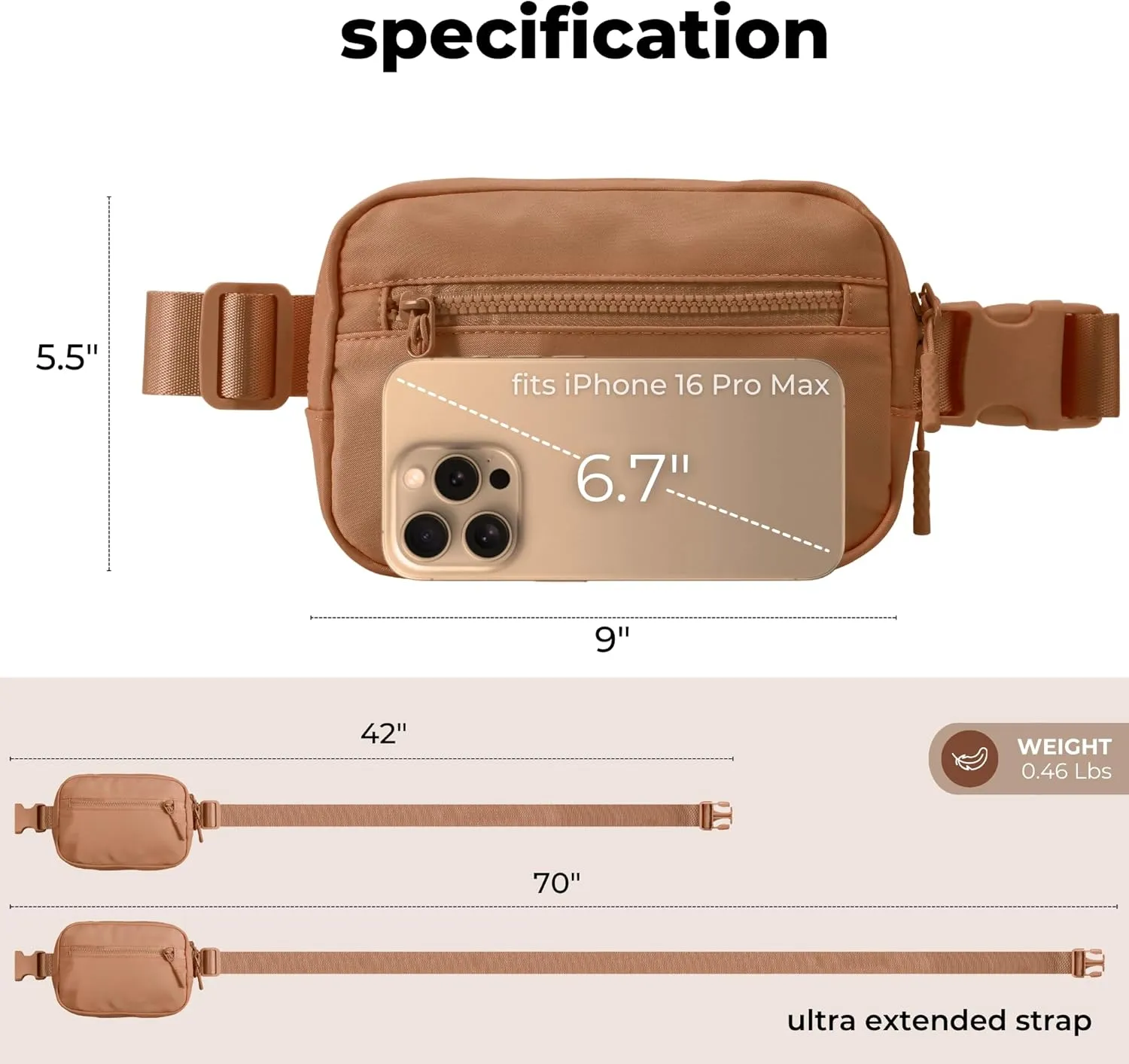 FORZAROCKET Essential Belt Bag w/Long Strap 70" & Front Zip Pocket  Crossbody Bag w/Extended Strap  Fanny Pack for Women Men  Two-Way Zipper Sling Bag  Travel & Plus Size Friendly, Caramel