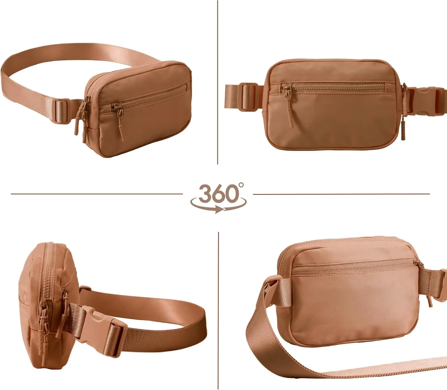 FORZAROCKET Essential Belt Bag w/Long Strap 70" & Front Zip Pocket  Crossbody Bag w/Extended Strap  Fanny Pack for Women Men  Two-Way Zipper Sling Bag  Travel & Plus Size Friendly, Caramel