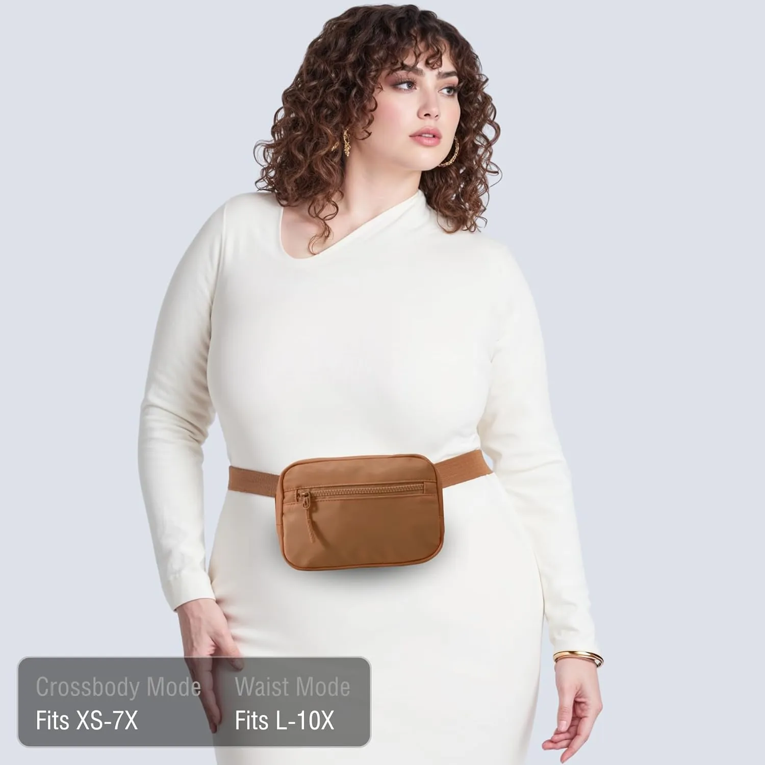 FORZAROCKET Essential Belt Bag w/Long Strap 70" & Front Zip Pocket  Crossbody Bag w/Extended Strap  Fanny Pack for Women Men  Two-Way Zipper Sling Bag  Travel & Plus Size Friendly, Caramel