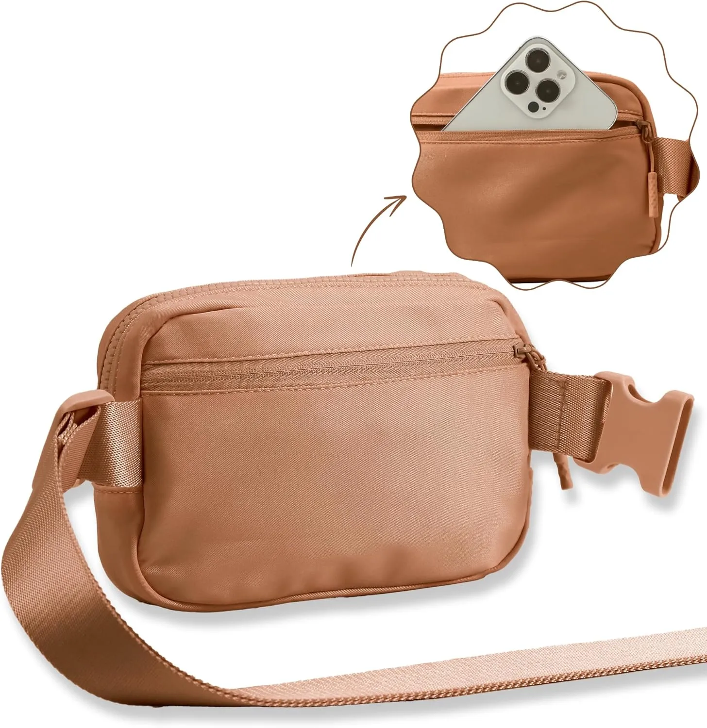 FORZAROCKET Essential Belt Bag w/Long Strap 70" & Front Zip Pocket  Crossbody Bag w/Extended Strap  Fanny Pack for Women Men  Two-Way Zipper Sling Bag  Travel & Plus Size Friendly, Caramel