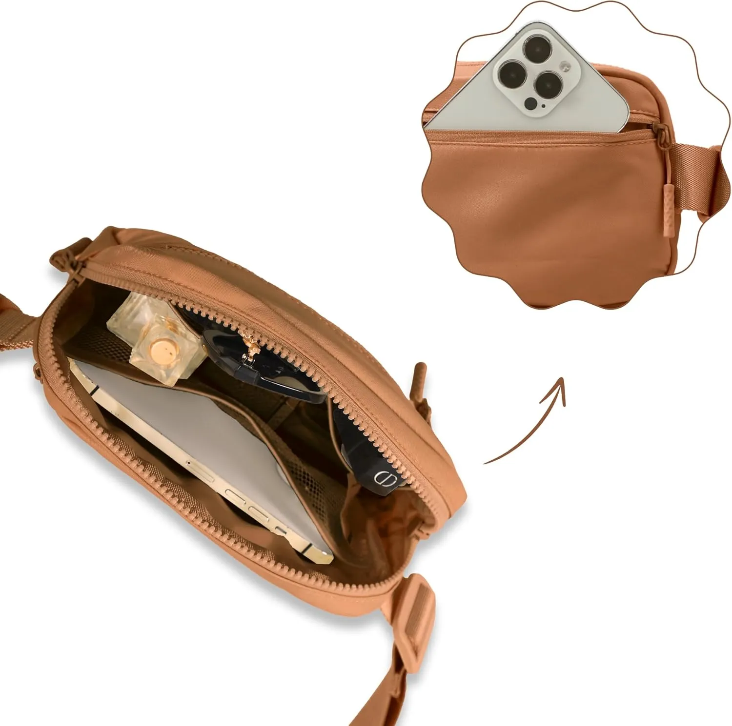 FORZAROCKET Essential Belt Bag w/Long Strap 70" & Front Zip Pocket  Crossbody Bag w/Extended Strap  Fanny Pack for Women Men  Two-Way Zipper Sling Bag  Travel & Plus Size Friendly, Caramel