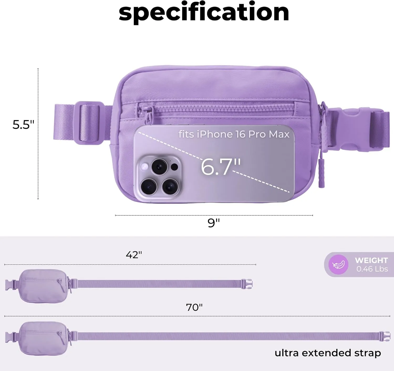FORZAROCKET Essential Belt Bag w/Long Strap 70" & Front Zip Pocket  Crossbody Bag w/Extended Strap  Fanny Pack for Women Men  Two-Way Zipper Sling Bag  Travel & Plus Size Friendly, Cloud Purple