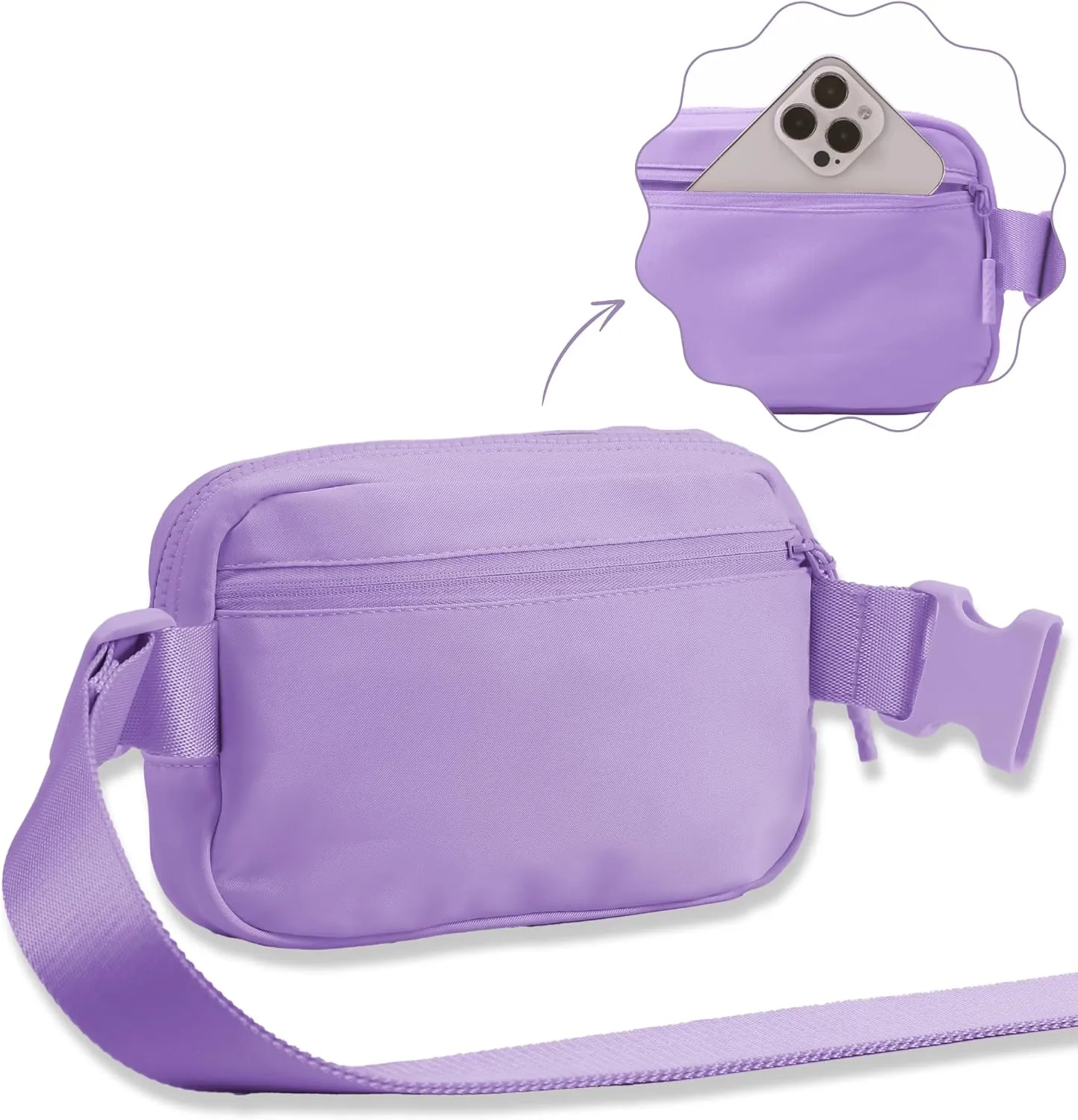 FORZAROCKET Essential Belt Bag w/Long Strap 70" & Front Zip Pocket  Crossbody Bag w/Extended Strap  Fanny Pack for Women Men  Two-Way Zipper Sling Bag  Travel & Plus Size Friendly, Cloud Purple