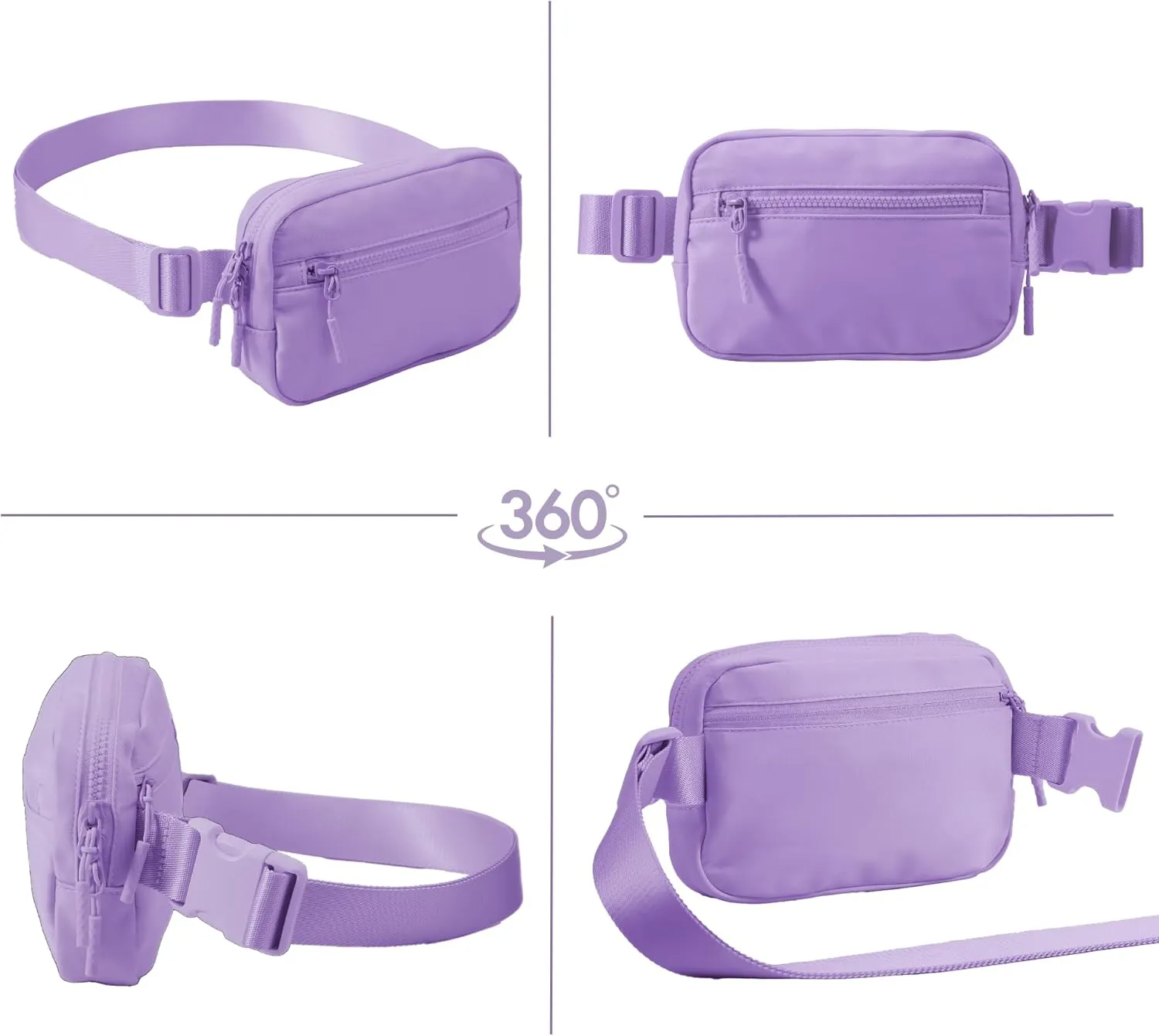 FORZAROCKET Essential Belt Bag w/Long Strap 70" & Front Zip Pocket  Crossbody Bag w/Extended Strap  Fanny Pack for Women Men  Two-Way Zipper Sling Bag  Travel & Plus Size Friendly, Cloud Purple