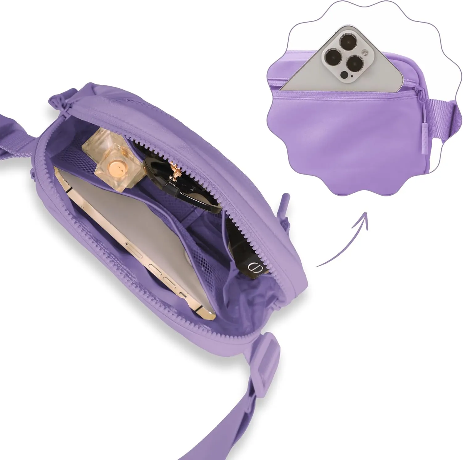 FORZAROCKET Essential Belt Bag w/Long Strap 70" & Front Zip Pocket  Crossbody Bag w/Extended Strap  Fanny Pack for Women Men  Two-Way Zipper Sling Bag  Travel & Plus Size Friendly, Cloud Purple