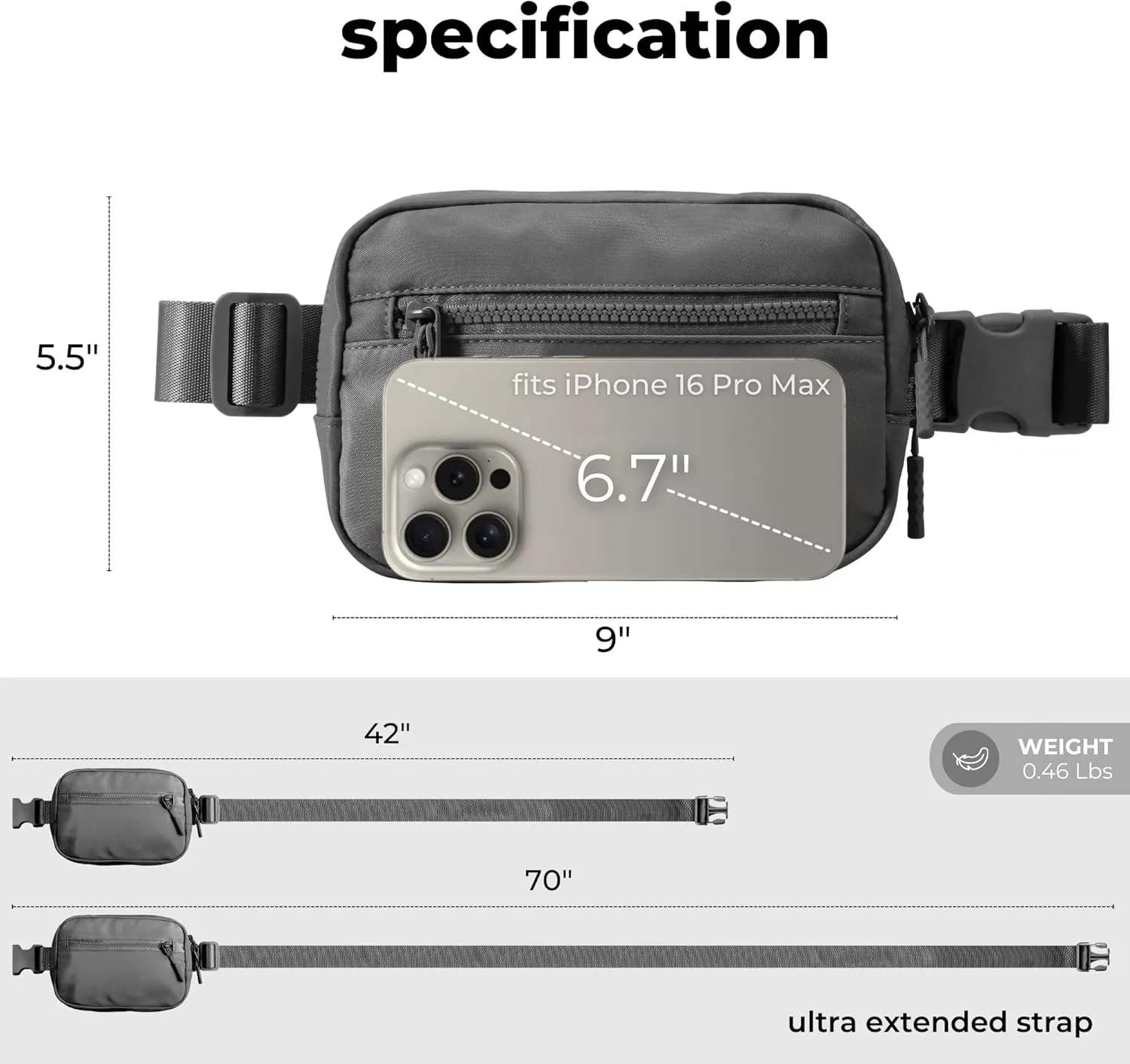 FORZAROCKET Essential Belt Bag w/Long Strap 70" & Front Zip Pocket  Crossbody Bag w/Extended Strap  Fanny Pack for Women Men  Two-Way Zipper Sling Bag  Travel & Plus Size Friendly, Dark Grey