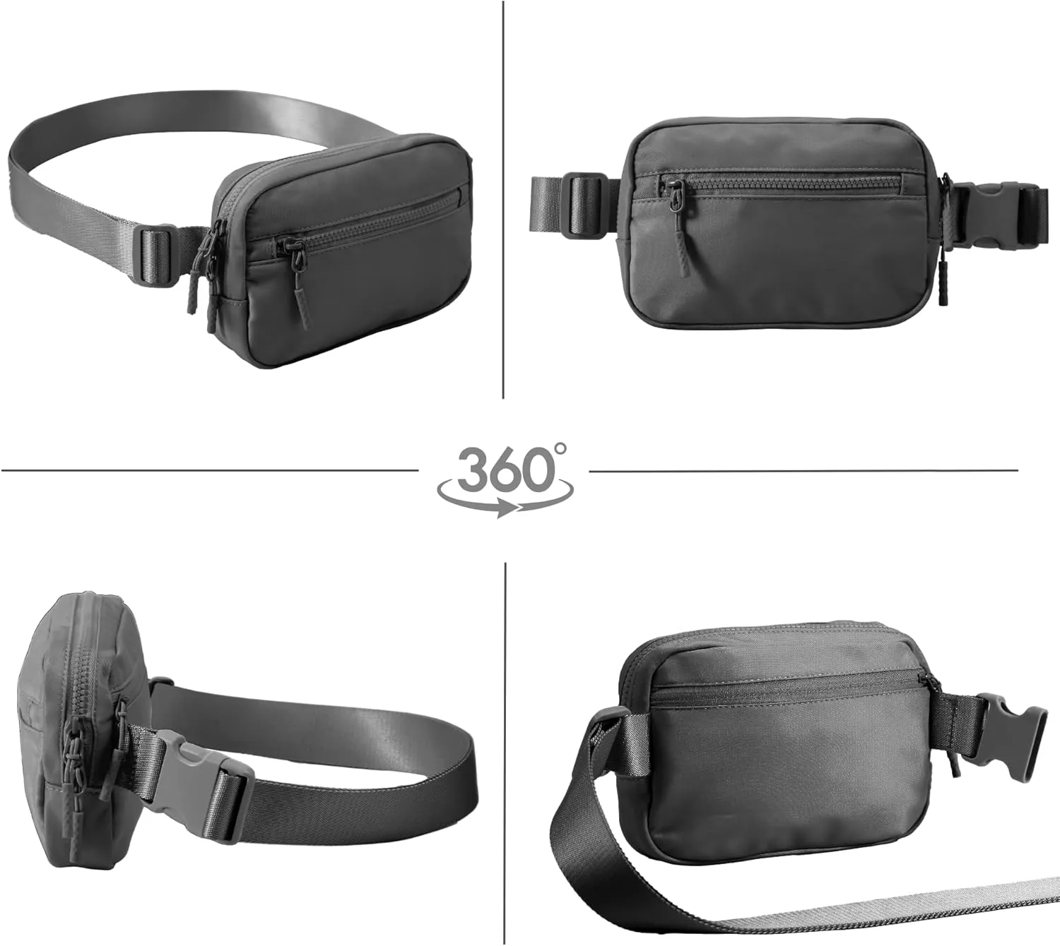FORZAROCKET Essential Belt Bag w/Long Strap 70" & Front Zip Pocket  Crossbody Bag w/Extended Strap  Fanny Pack for Women Men  Two-Way Zipper Sling Bag  Travel & Plus Size Friendly, Dark Grey