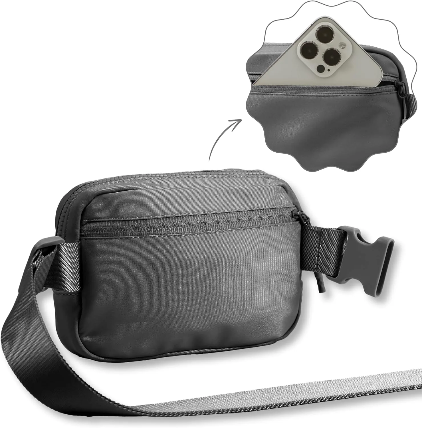 FORZAROCKET Essential Belt Bag w/Long Strap 70" & Front Zip Pocket  Crossbody Bag w/Extended Strap  Fanny Pack for Women Men  Two-Way Zipper Sling Bag  Travel & Plus Size Friendly, Dark Grey