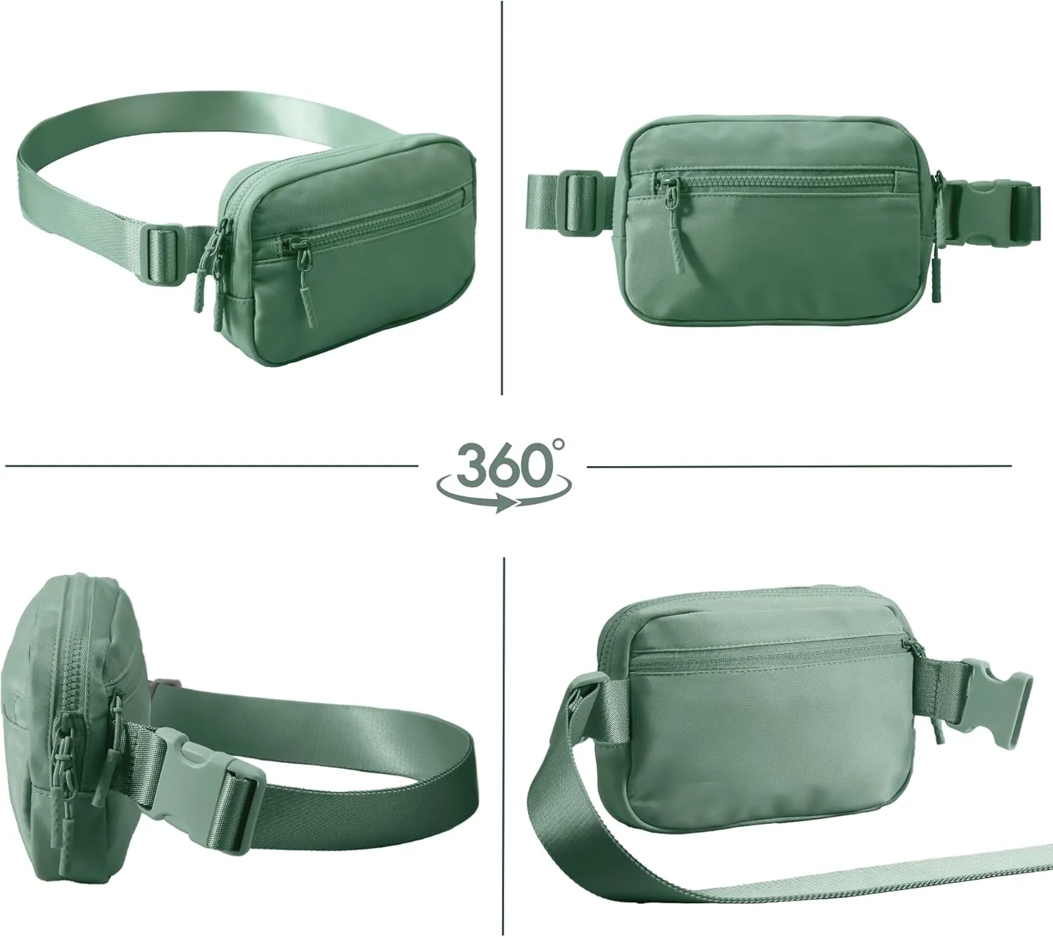 FORZAROCKET Essential Belt Bag w/Long Strap 70" & Front Zip Pocket  Crossbody Bag w/Extended Strap  Fanny Pack for Women Men  Two-Way Zipper Sling Bag  Travel & Plus Size Friendly, Green