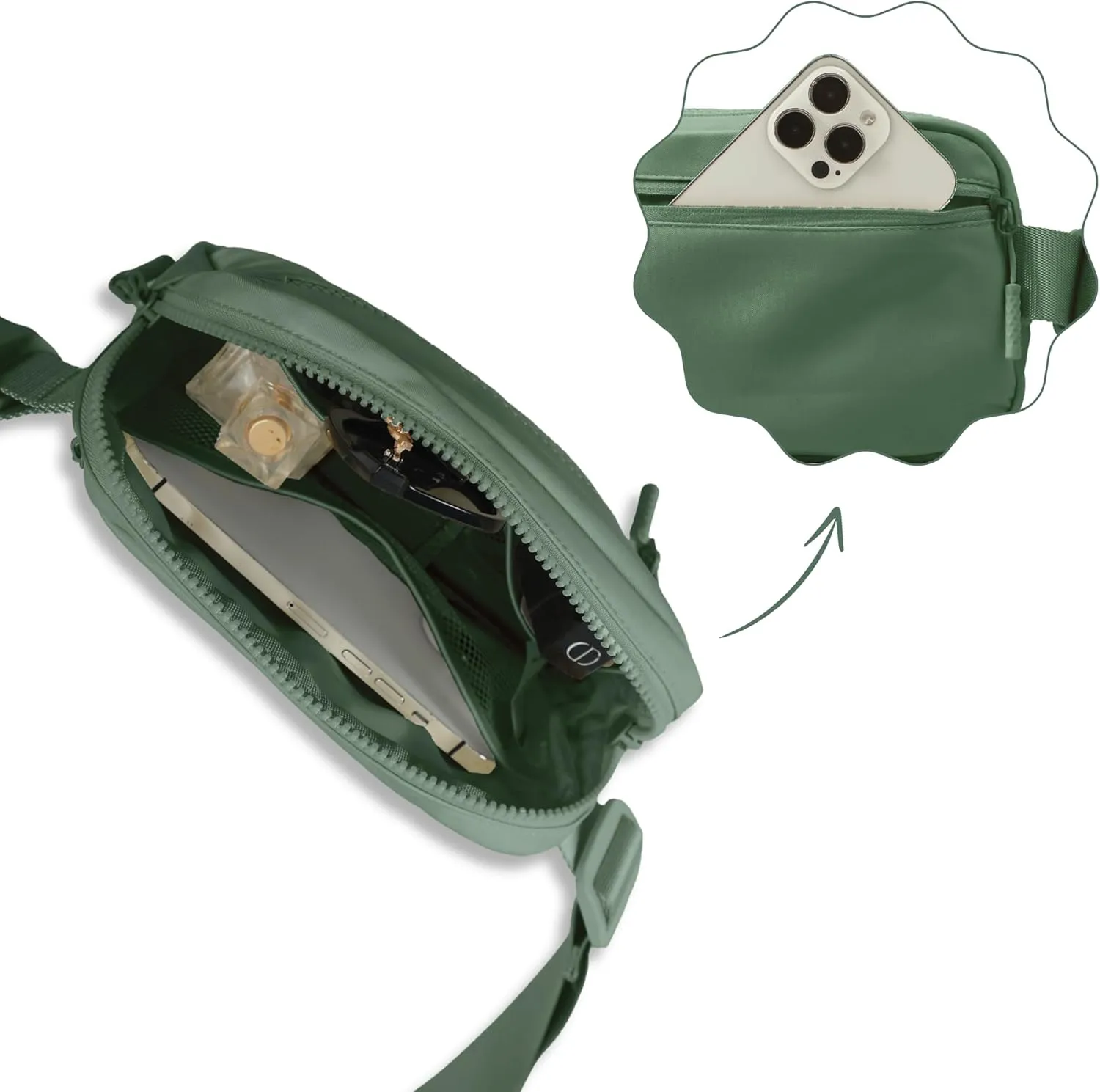 FORZAROCKET Essential Belt Bag w/Long Strap 70" & Front Zip Pocket  Crossbody Bag w/Extended Strap  Fanny Pack for Women Men  Two-Way Zipper Sling Bag  Travel & Plus Size Friendly, Green