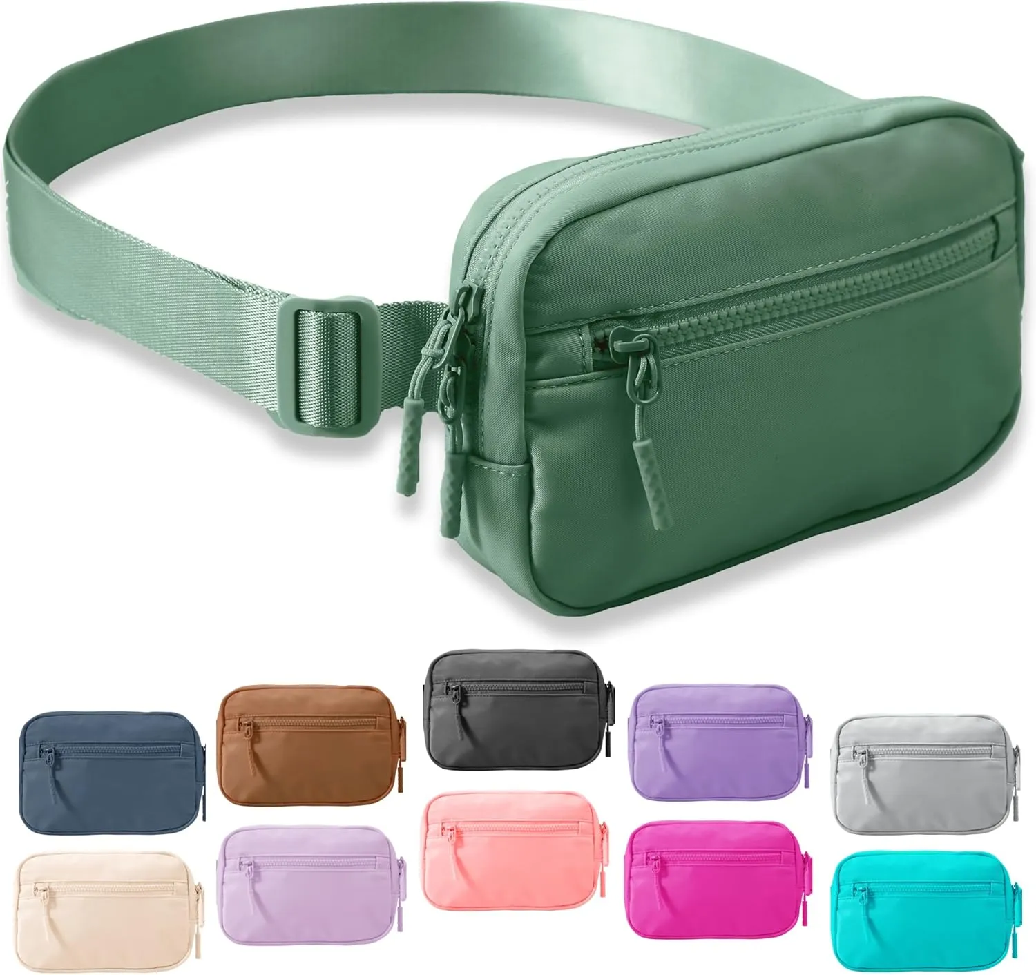 FORZAROCKET Essential Belt Bag w/Long Strap 70" & Front Zip Pocket  Crossbody Bag w/Extended Strap  Fanny Pack for Women Men  Two-Way Zipper Sling Bag  Travel & Plus Size Friendly, Green