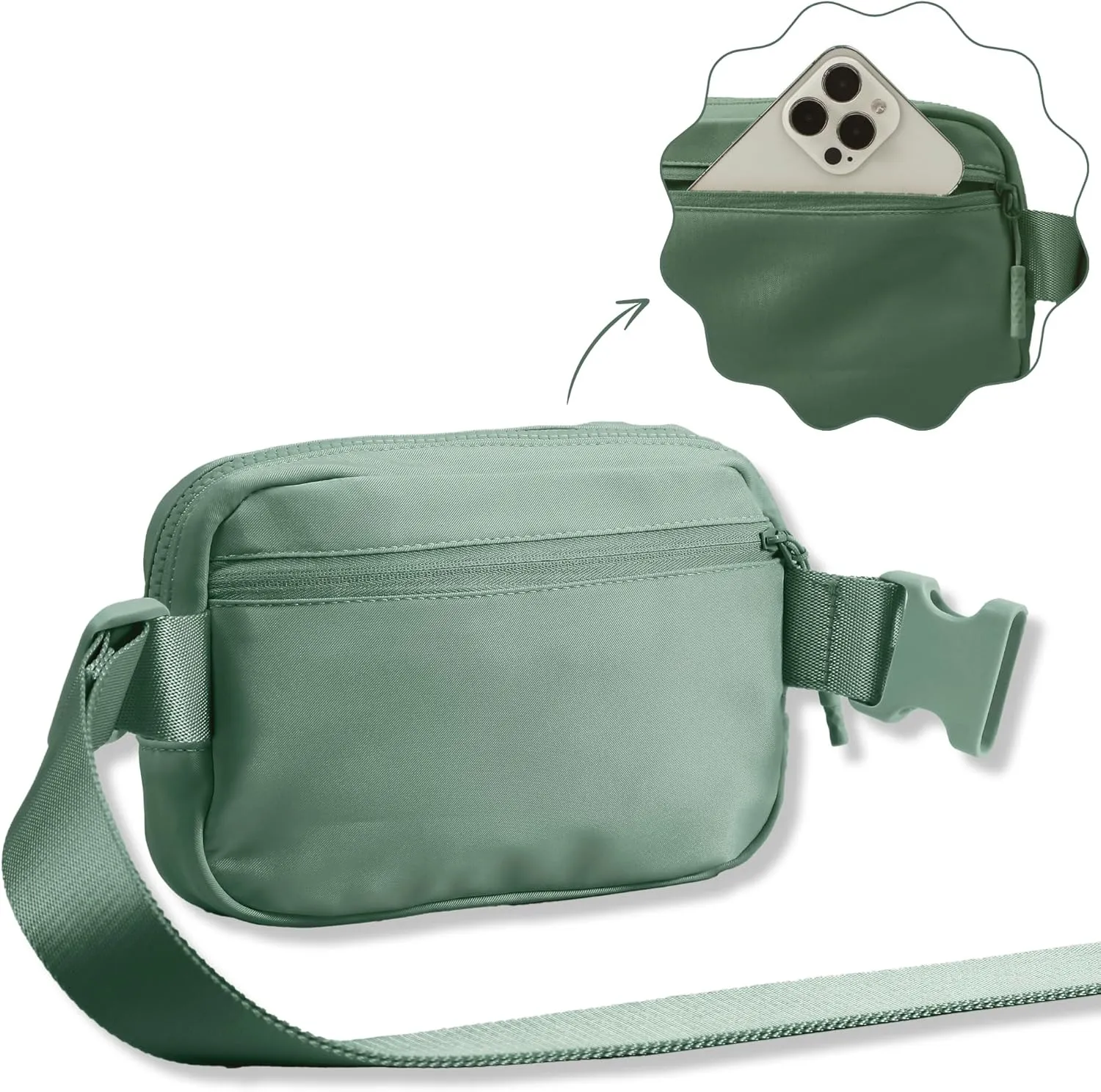 FORZAROCKET Essential Belt Bag w/Long Strap 70" & Front Zip Pocket  Crossbody Bag w/Extended Strap  Fanny Pack for Women Men  Two-Way Zipper Sling Bag  Travel & Plus Size Friendly, Green