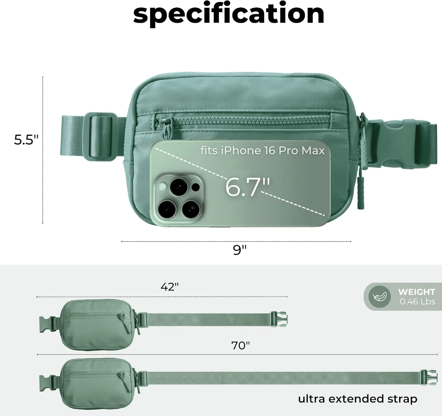 FORZAROCKET Essential Belt Bag w/Long Strap 70" & Front Zip Pocket  Crossbody Bag w/Extended Strap  Fanny Pack for Women Men  Two-Way Zipper Sling Bag  Travel & Plus Size Friendly, Green