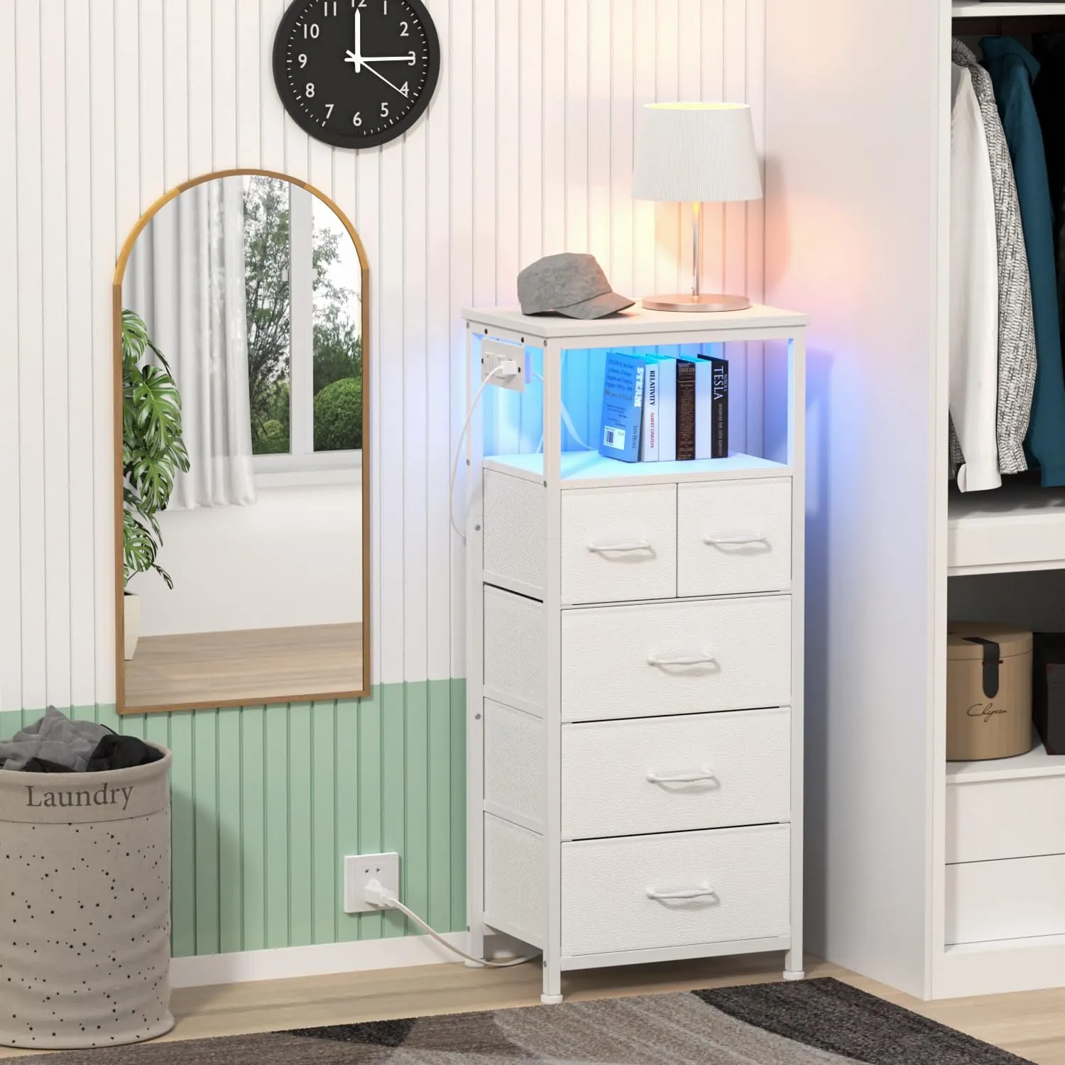 Furnulem Dresser for Bedroom, Tall Nightstand, Vertical Chest with Wood Top, Charging Station, LED Lights, 5 Fabric Bins, Bedside Table with Shelf, Furniture for Entryway (5 Drawer, White)