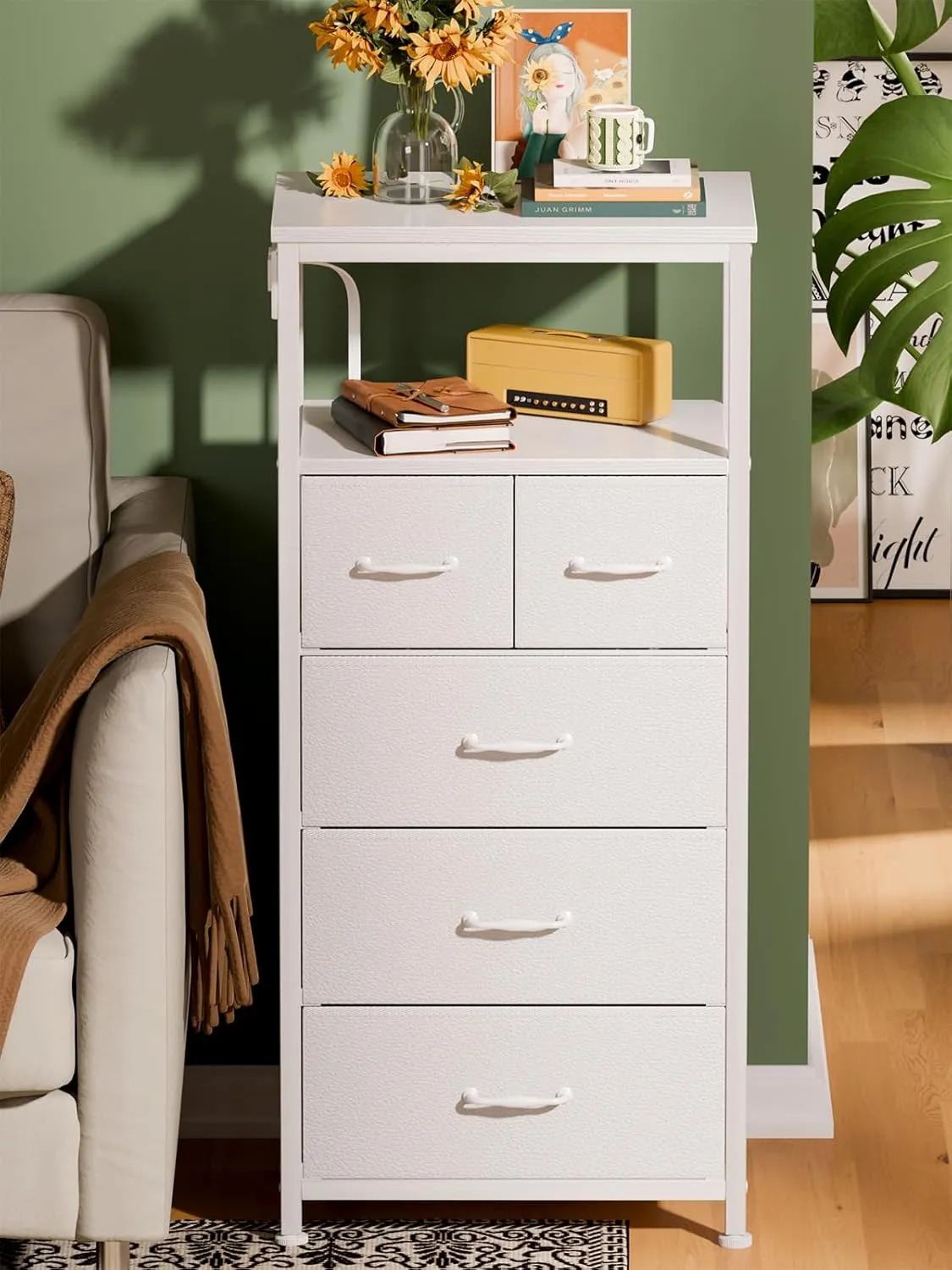 Furnulem Dresser for Bedroom, Tall Nightstand, Vertical Chest with Wood Top, Charging Station, LED Lights, 5 Fabric Bins, Bedside Table with Shelf, Furniture for Entryway (5 Drawer, White)