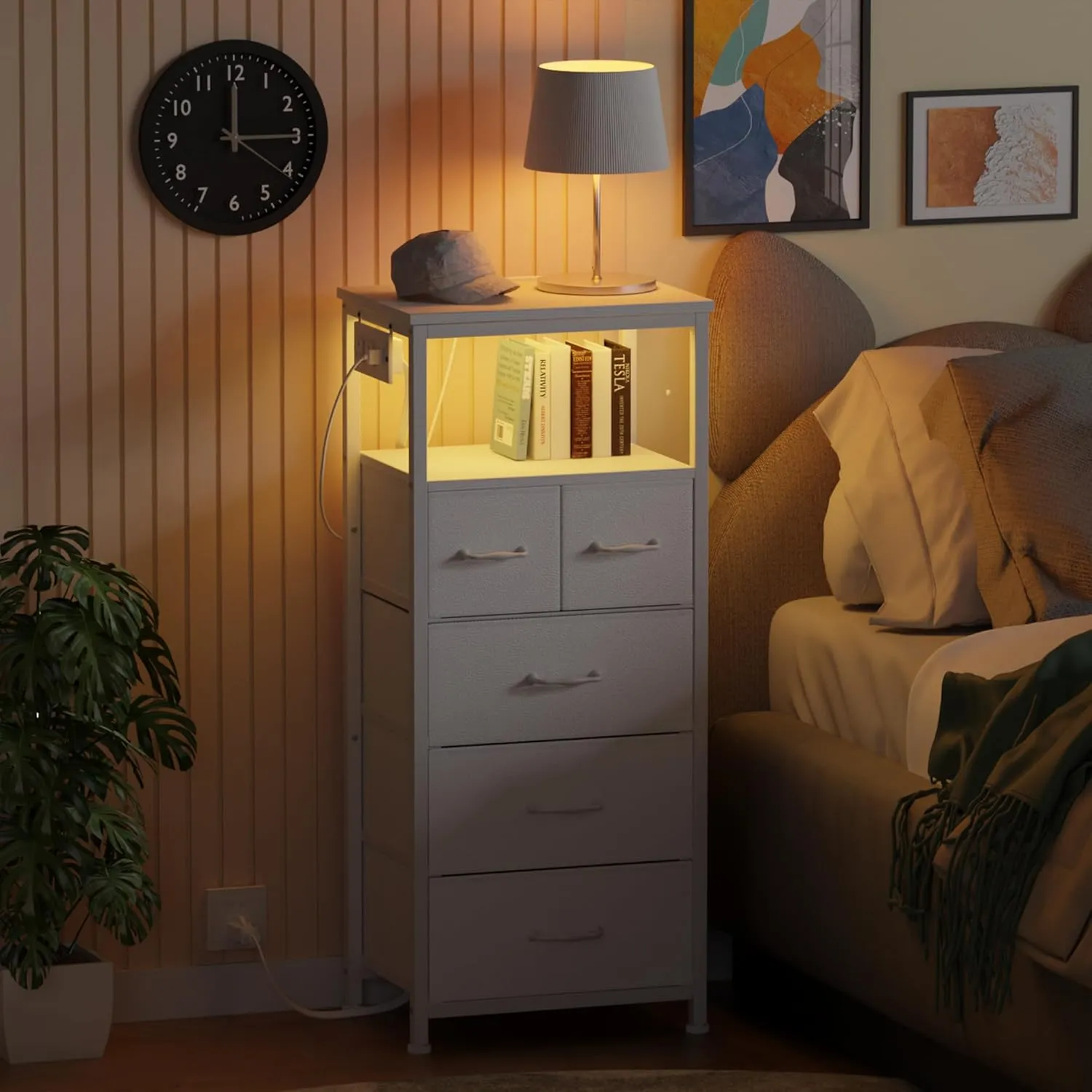 Furnulem Dresser for Bedroom, Tall Nightstand, Vertical Chest with Wood Top, Charging Station, LED Lights, 5 Fabric Bins, Bedside Table with Shelf, Furniture for Entryway (5 Drawer, White)