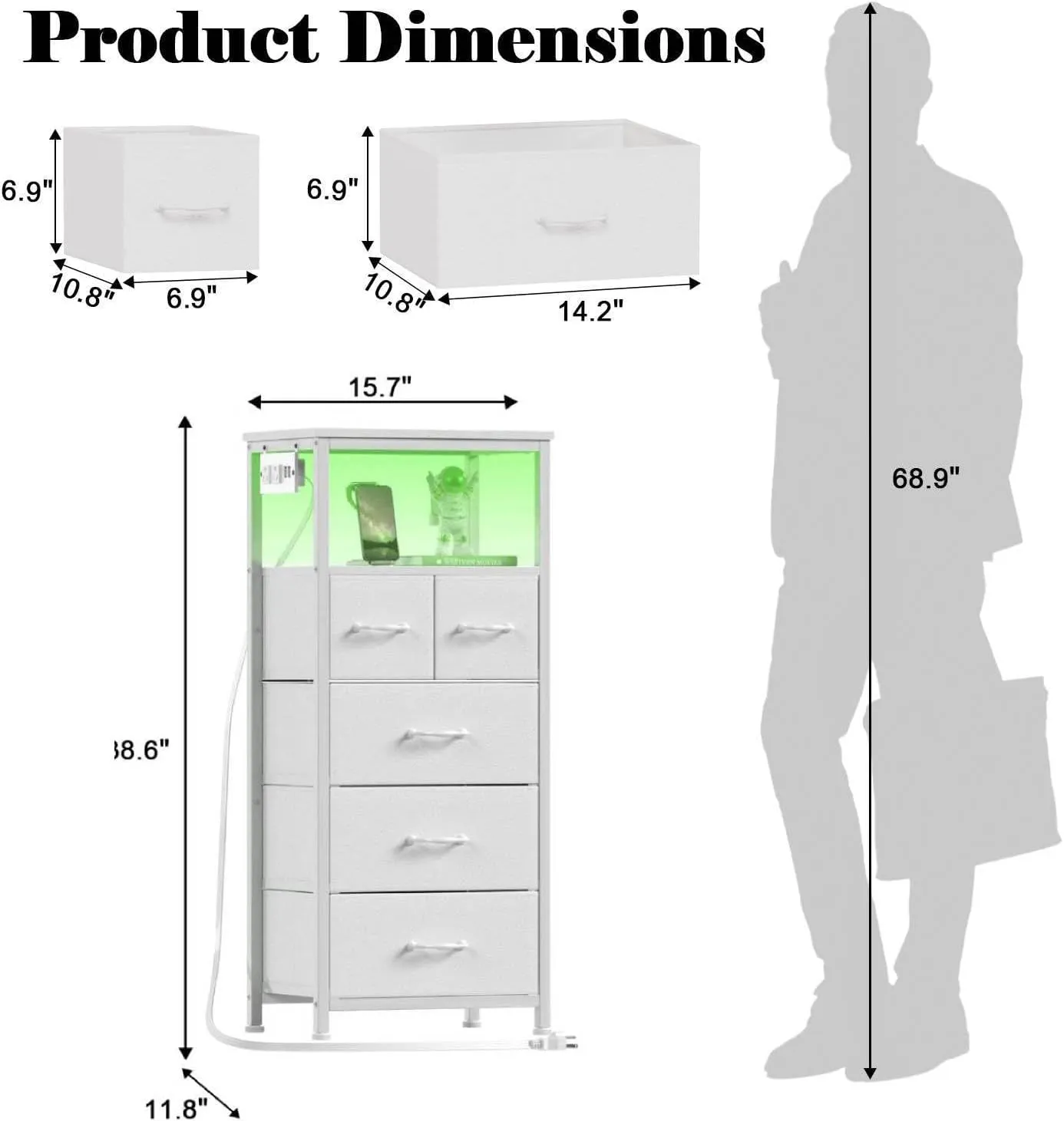 Furnulem Dresser for Bedroom, Tall Nightstand, Vertical Chest with Wood Top, Charging Station, LED Lights, 5 Fabric Bins, Bedside Table with Shelf, Furniture for Entryway (5 Drawer, White)