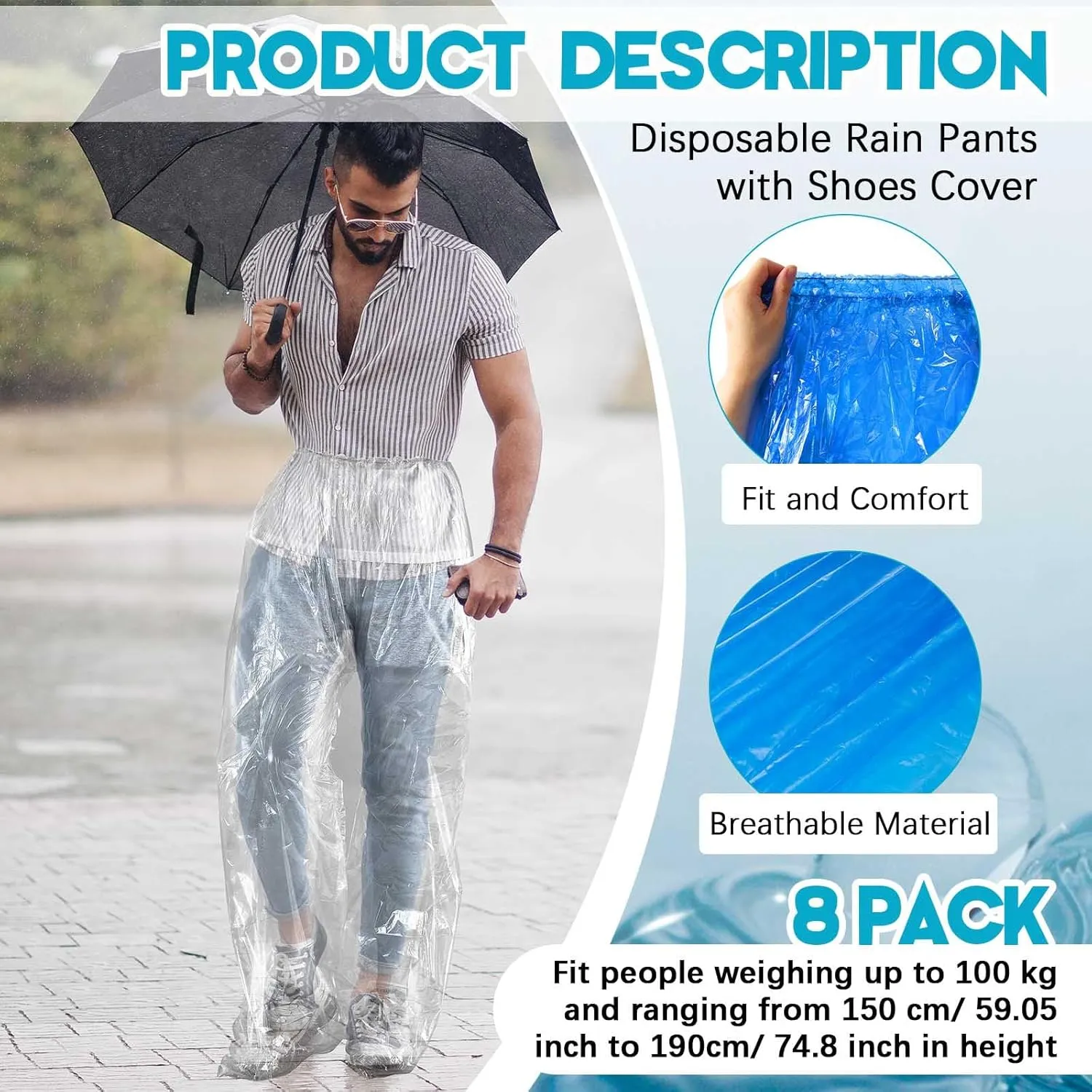 Geyoga 8 Pcs Disposable Rain Pants with Shoe Boot Waterproof Long Pant Boot Covers for Outdoor Cycling Fishing