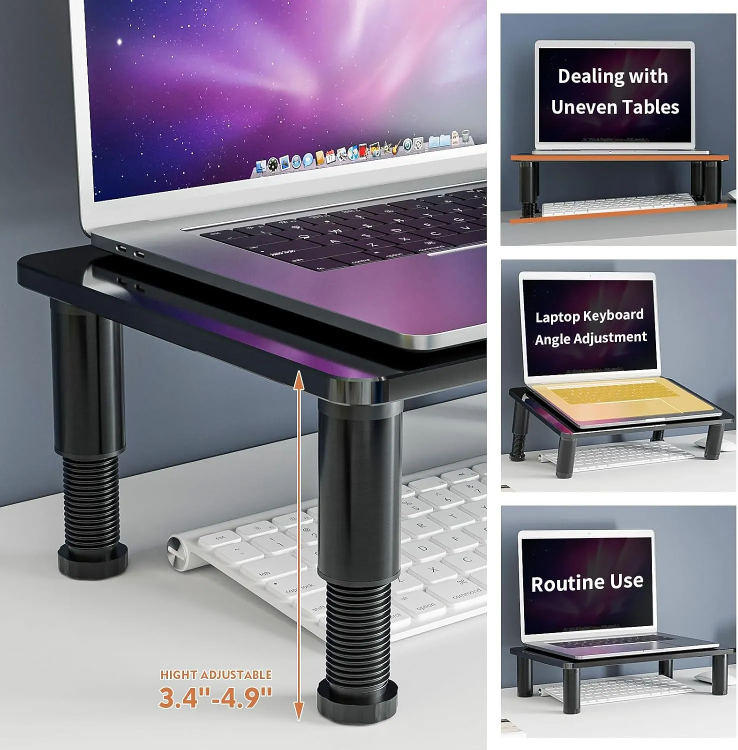 Glass Computer Monitor Stand Riser with Height Adjustable Multi Media Desktop Stand for Flat Screen LCD LED TV, Laptop/Notebook/Xbox One, Black HD01B-002