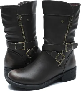GLOBALWIN Women's Fall Fashion Biker Boots Mid Calf Boots For Women Low Heel