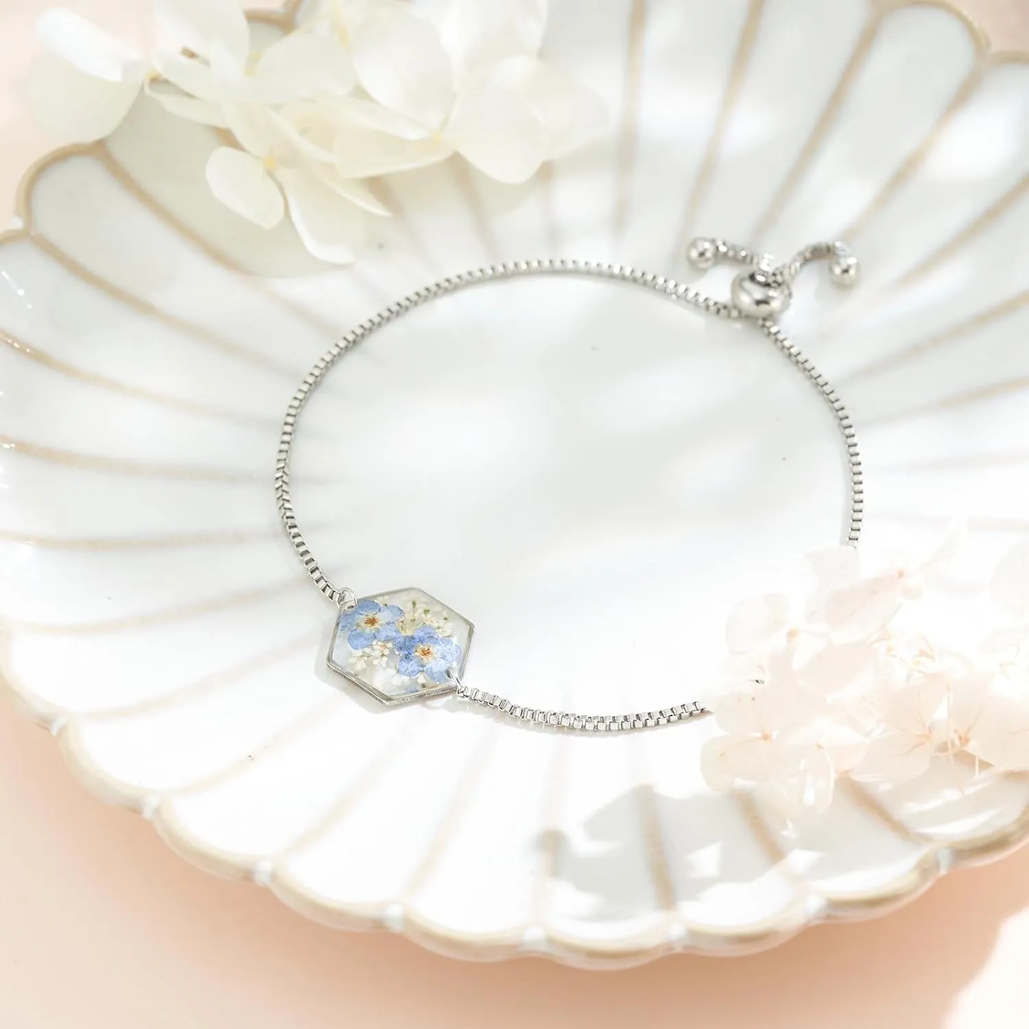 Handmade Bracelets | Pressed Flower Bracelet For Women Trendy | KBFORU Forget Me Not Bracelet | Dainty Personalized Bracelet | Adjustable(Silver) leaf