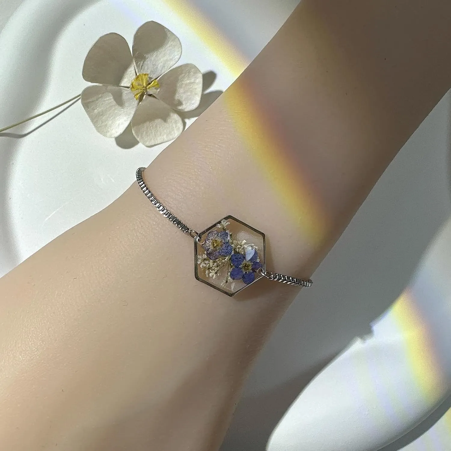 Handmade Bracelets | Pressed Flower Bracelet For Women Trendy | KBFORU Forget Me Not Bracelet | Dainty Personalized Bracelet | Adjustable(Silver) leaf