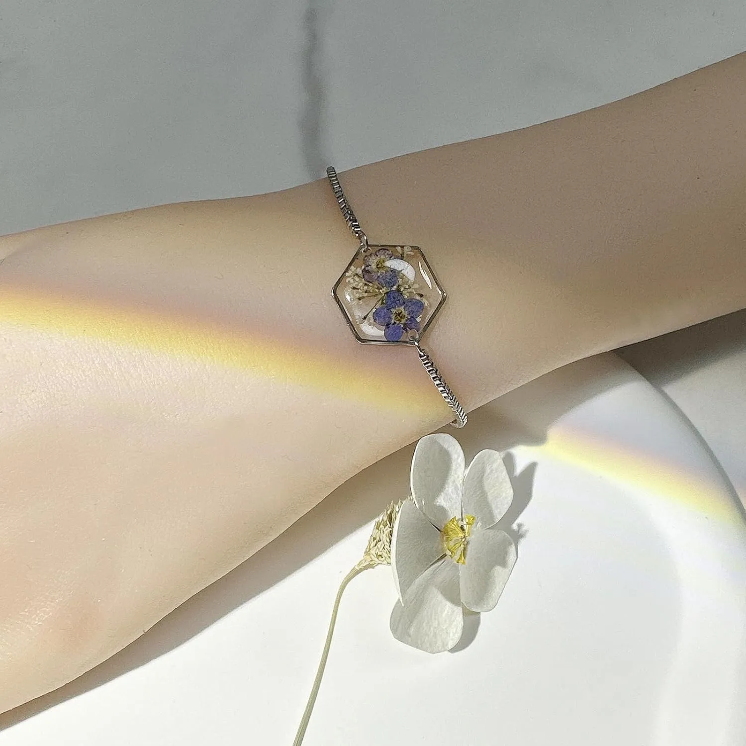 Handmade Bracelets | Pressed Flower Bracelet For Women Trendy | KBFORU Forget Me Not Bracelet | Dainty Personalized Bracelet | Adjustable(Silver) leaf