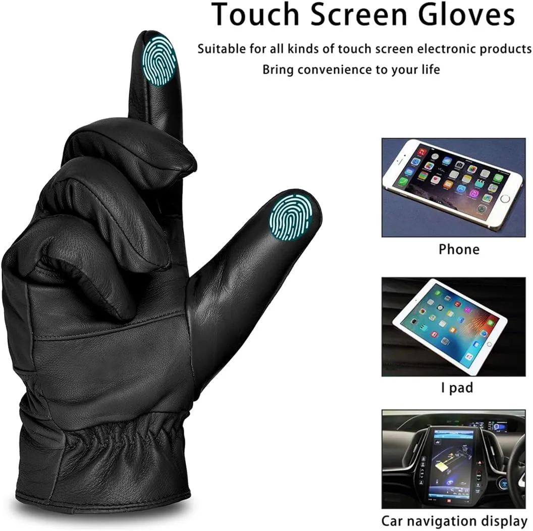 Harssidanzar Men's Leather Gloves Sheepskin Touchscreen Texting Warmth Fur Lined Winter Driving Leather Gloves SM043US