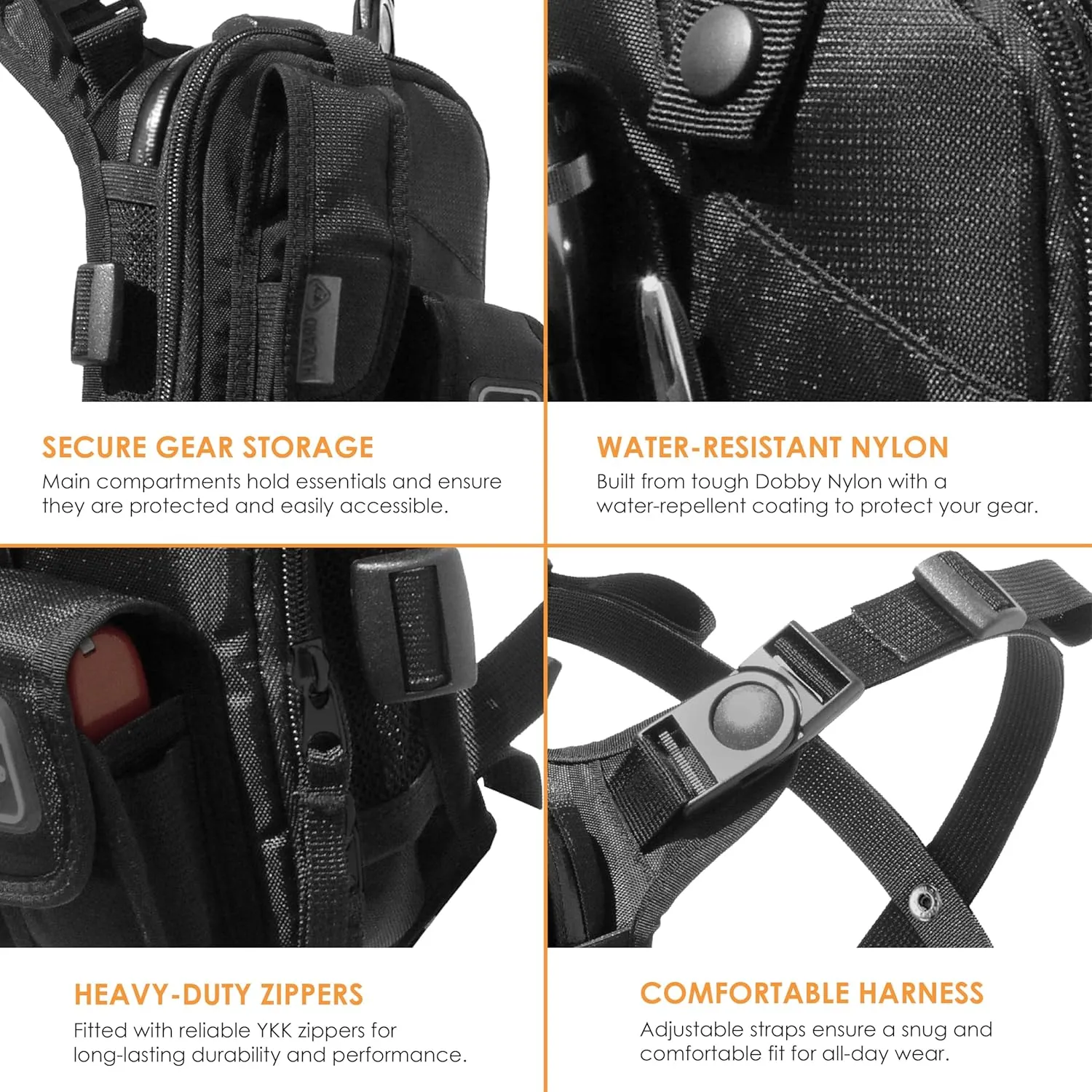 Hazard 4 Covert RG Multi-Configuration Small Pack System - Escape Chest Pack, Loader Chest Pack, Covert Anatomic RG Padded Deluxe Shoulder Harness - Tool Kit, Camera, Cycling, Flashlight - Black