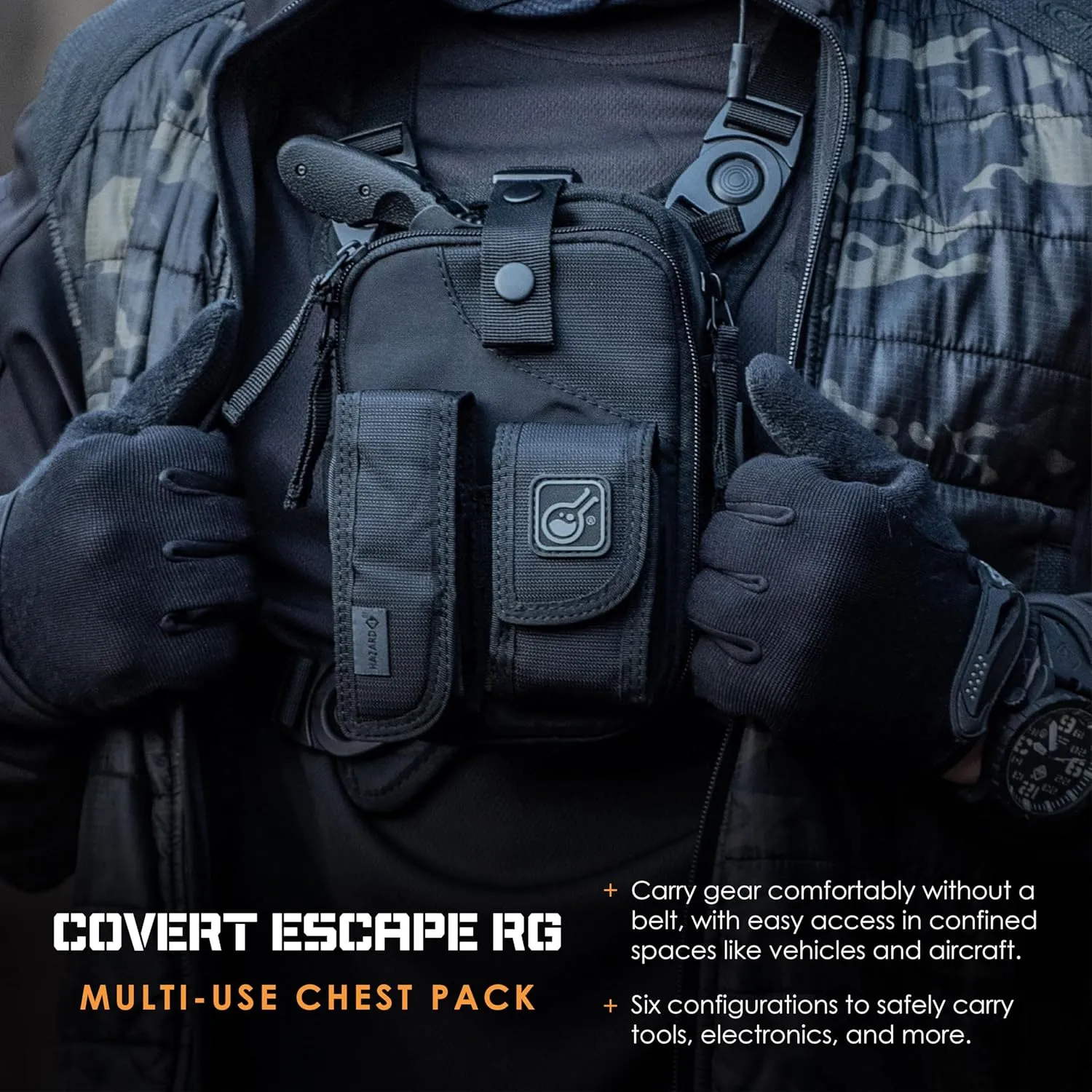 Hazard 4 Covert RG Multi-Configuration Small Pack System - Escape Chest Pack, Loader Chest Pack, Covert Anatomic RG Padded Deluxe Shoulder Harness - Tool Kit, Camera, Cycling, Flashlight - Black