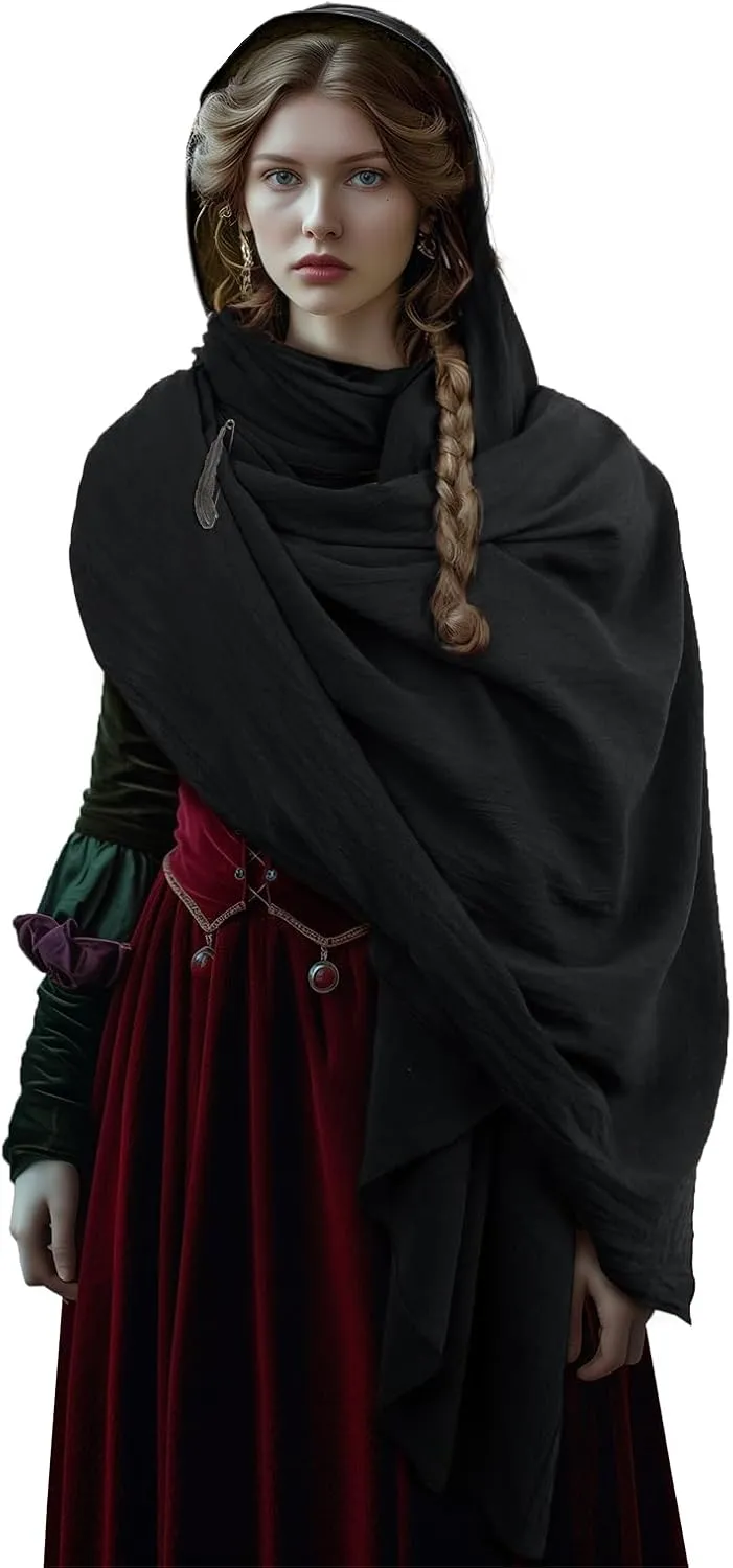 HOMELEX Medieval Black Padme Cape Shawl Post Apocalyptic Cloak Black Hooded Cowl
