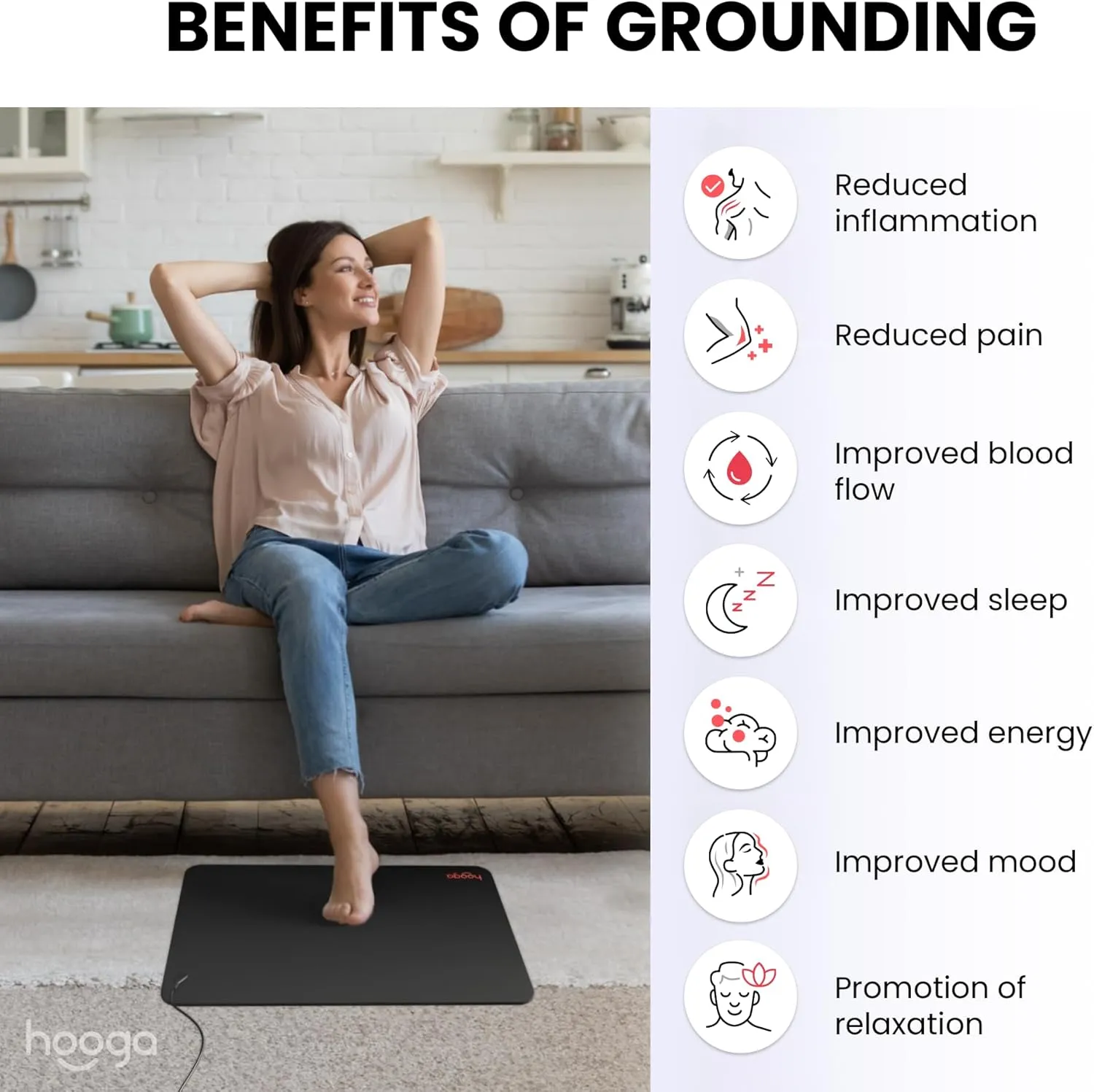 Hooga Grounding Mat for Sleep, Energy, Pain Relief, Inflammation, Balance, Wellness. Earth Connected Therapy. Indoor Grounding at Home, Office, Work. 15 Foot Cord Included. Conductive Carbon