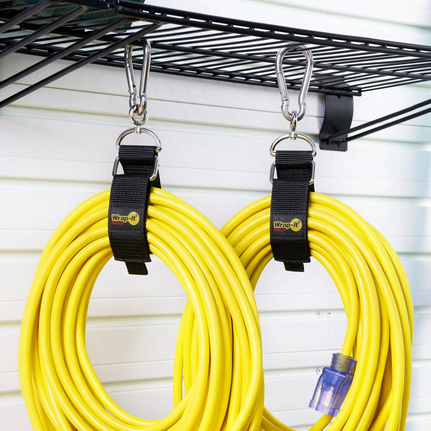 Hook 'n Hang Wrap-It Storage Straps - 12" (2-Pack) Black - Carabiner Straps to Use as Extension Cord Holder Heavy Duty Straps with Hooks for Cord Storage or Garden Hose Strap, A102-HNH-12BL