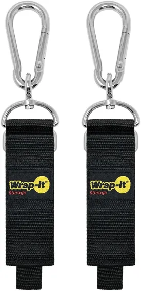 Hook 'n Hang Wrap-It Storage Straps - 12" (2-Pack) Black - Carabiner Straps to Use as Extension Cord Holder Heavy Duty Straps with Hooks for Cord Storage or Garden Hose Strap, A102-HNH-12BL