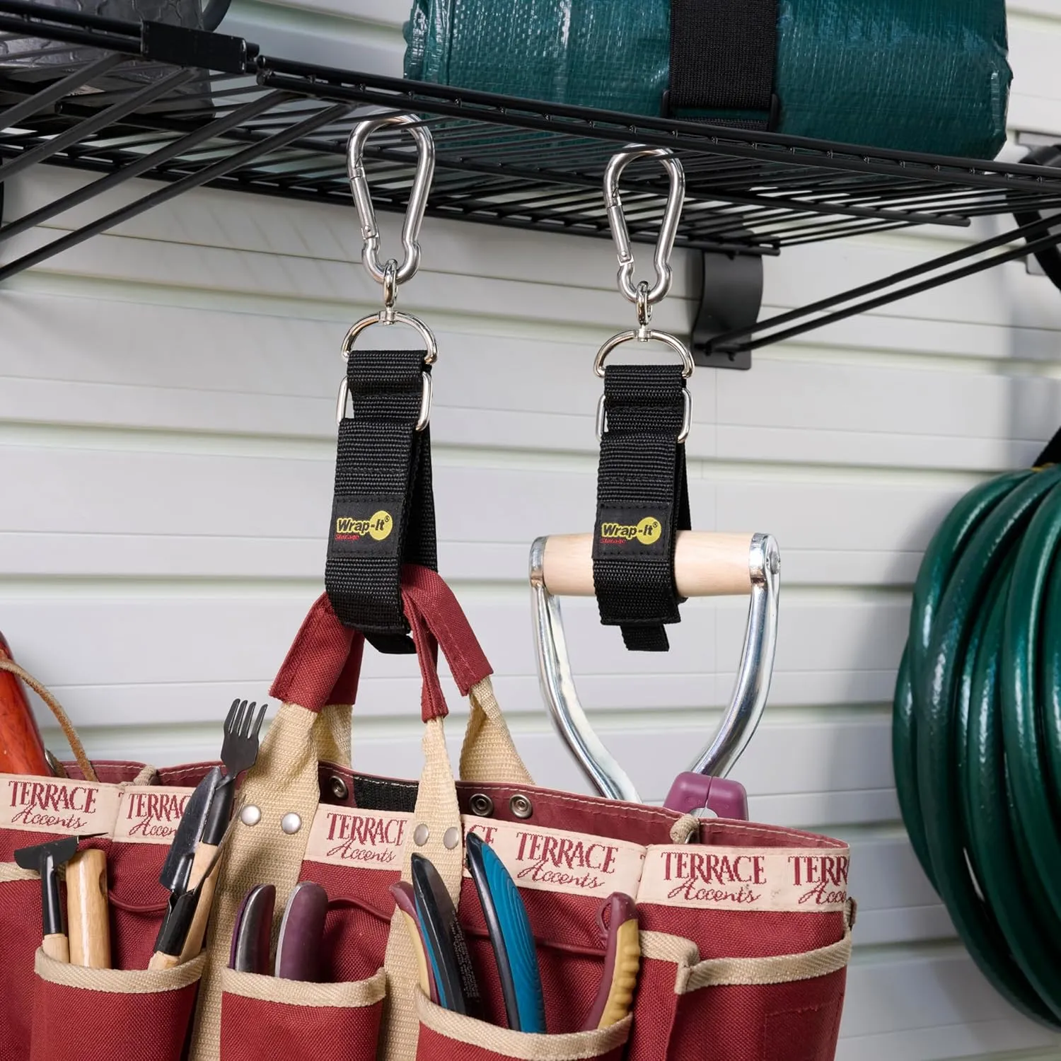 Hook 'n Hang Wrap-It Storage Straps - 12" (2-Pack) Black - Carabiner Straps to Use as Extension Cord Holder Heavy Duty Straps with Hooks for Cord Storage or Garden Hose Strap, A102-HNH-12BL