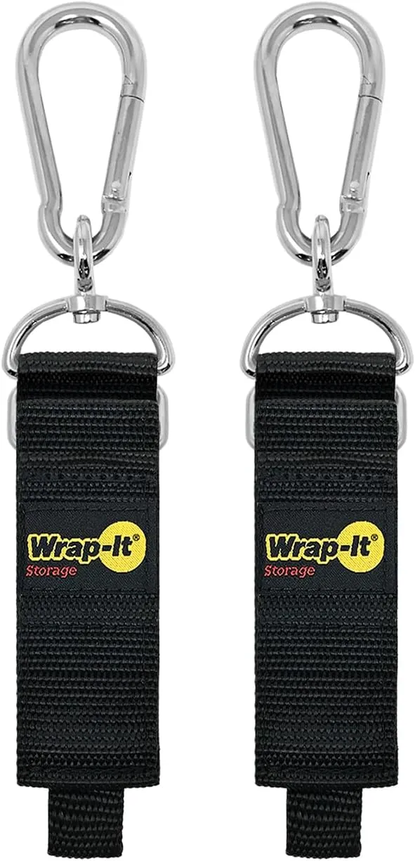 Hook 'n Hang Wrap-It Storage Straps - 12" (2-Pack) Black - Carabiner Straps to Use as Extension Cord Holder Heavy Duty Straps with Hooks for Cord Storage or Garden Hose Strap, A102-HNH-12BL