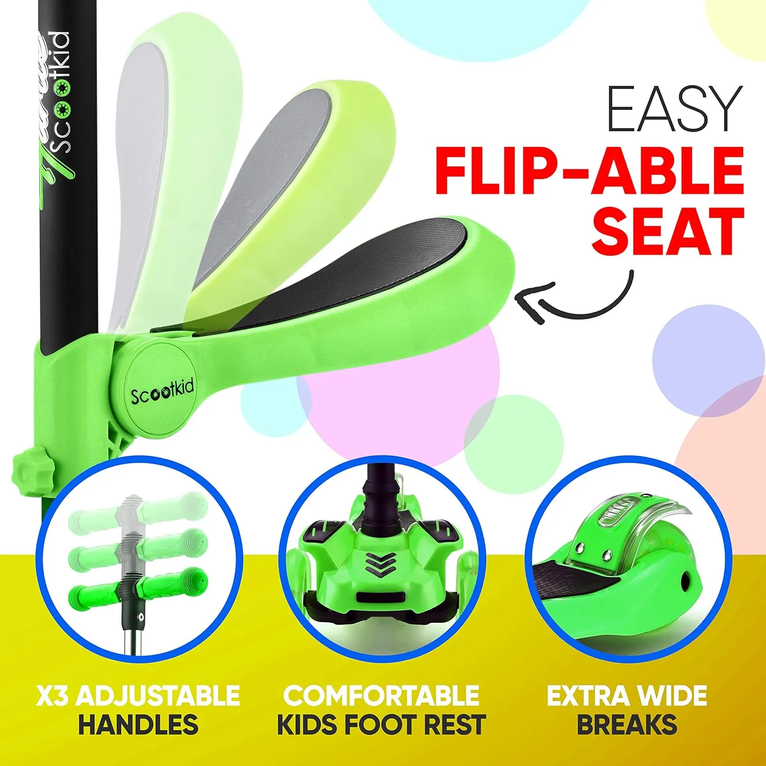 Hurtle 3-Wheeled Scooter for Kids - Wheel LED Lights, Adjustable Lean-to-Steer Handlebar, and Foldable Seat - Sit or Stand Ride with Brake for Boys and Girls Ages 1-14 Years Old