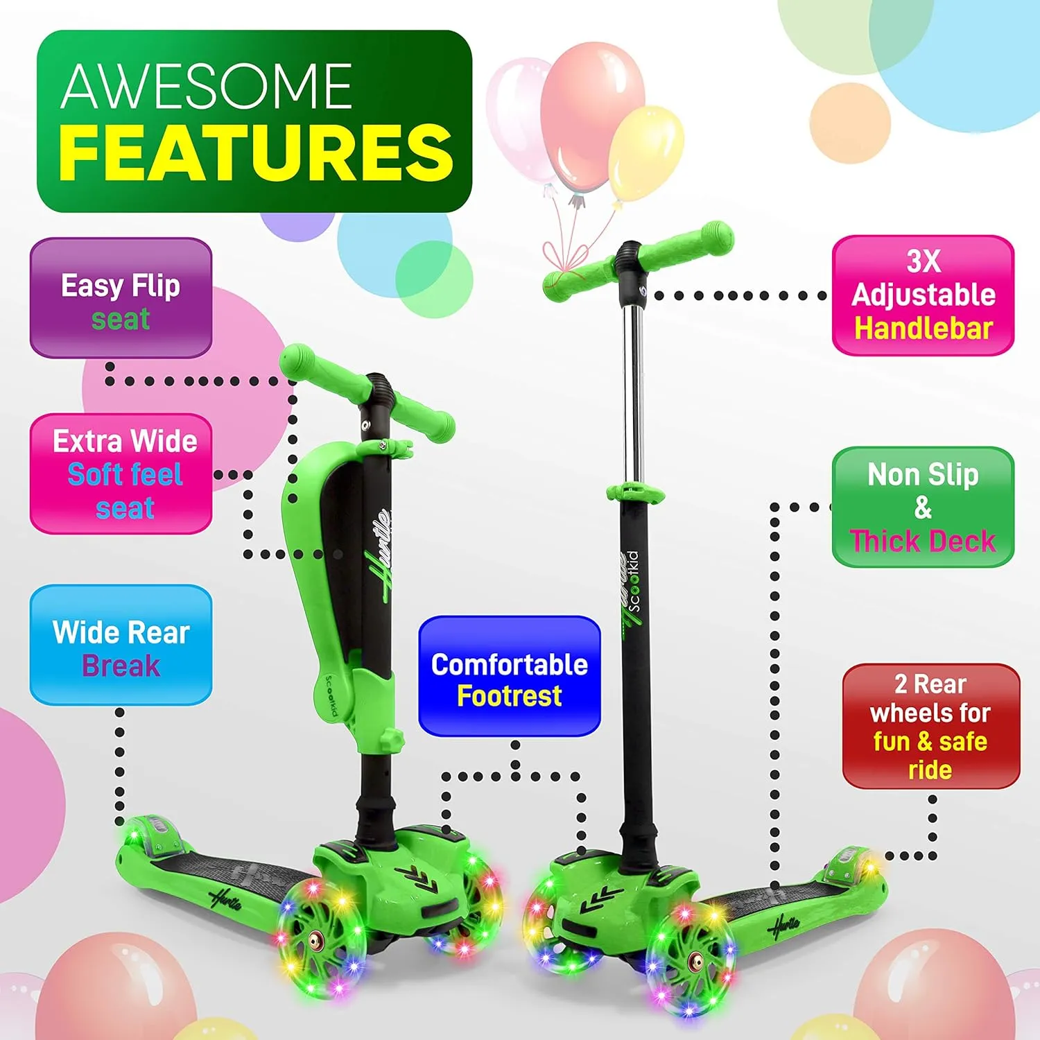 Hurtle 3-Wheeled Scooter for Kids - Wheel LED Lights, Adjustable Lean-to-Steer Handlebar, and Foldable Seat - Sit or Stand Ride with Brake for Boys and Girls Ages 1-14 Years Old