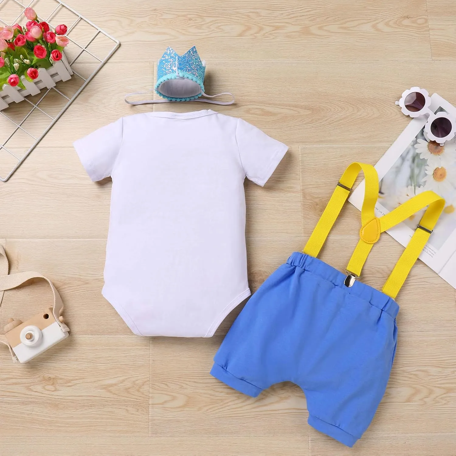 IBTOM CASTLE Baby Boy 1/2 Birthday Outfit Bowtie Romper Suspenders Shorts Crown Half Way to One Cake Smash Photo Shoot Outfit