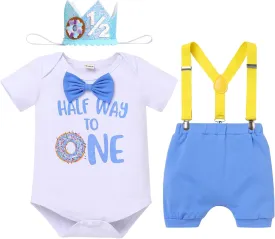 IBTOM CASTLE Baby Boy 1/2 Birthday Outfit Bowtie Romper Suspenders Shorts Crown Half Way to One Cake Smash Photo Shoot Outfit