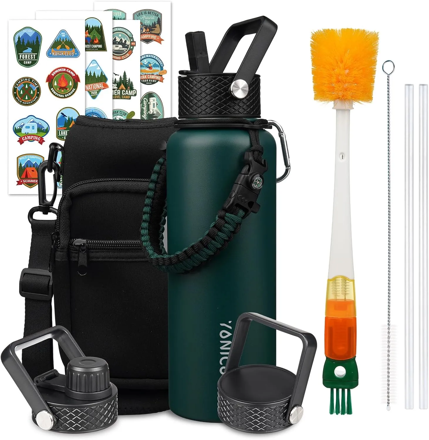 Insulated Water Bottle 40oz,Triple Wall Vacuum Stainless Steel(Dishwasher Safe),Leak Proof & Non-BPA,Flask Jug with Paracord Handle & Straw Spout Lids Sports Green