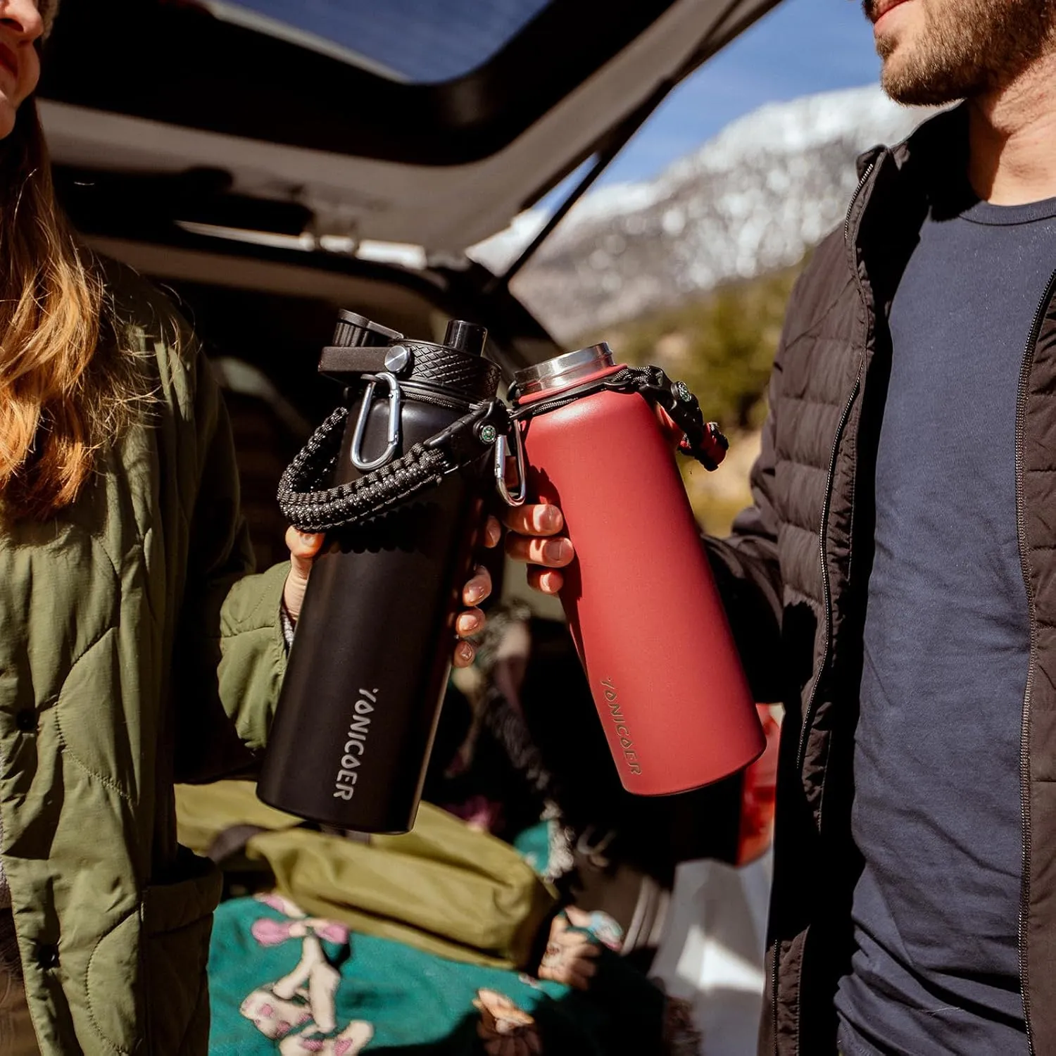 Insulated Water Bottle 40oz,Triple Wall Vacuum Stainless Steel(Dishwasher Safe),Leak Proof & Non-BPA,Flask Jug with Paracord Handle & Straw Spout Lids Sports Green
