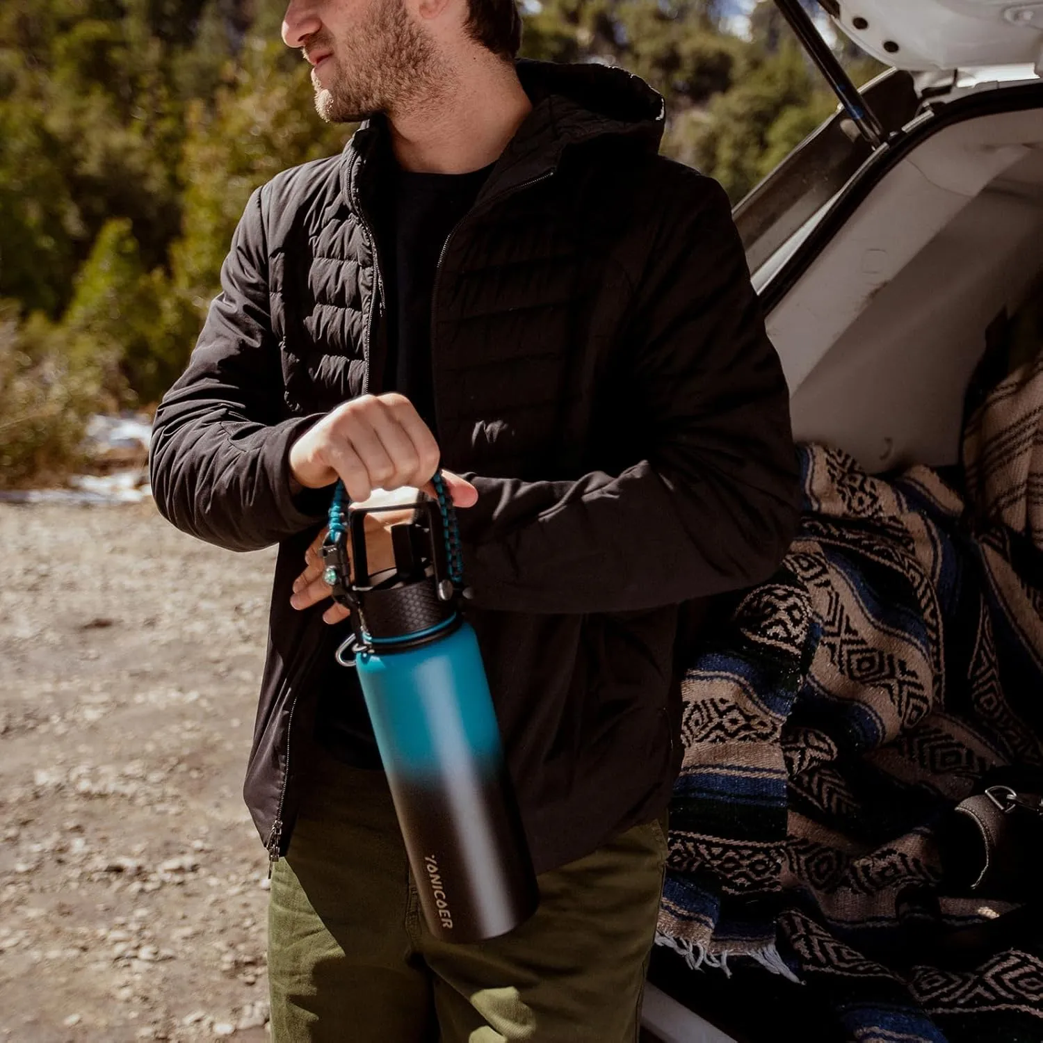 Insulated Water Bottle 40oz,Triple Wall Vacuum Stainless Steel(Dishwasher Safe),Leak Proof & Non-BPA,Flask Jug with Paracord Handle & Straw Spout Lids Sports Green