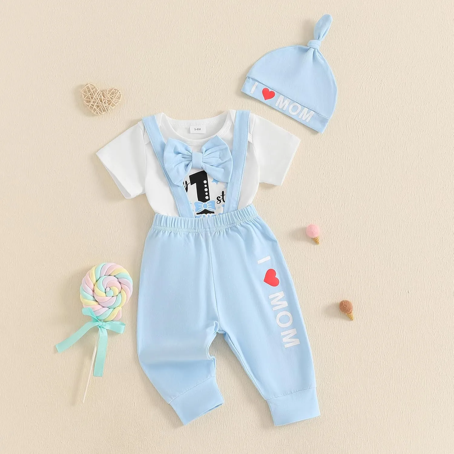 Karuedoo My 1st Mother's Day Baby Boy Outfit Short Sleeve Bowtie Romper I Love Mom Suspender Pants Hat 3 Piece Clothes Set